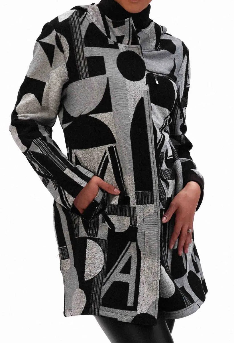 Geometric Print Zip Front Hooded Knit Jacket