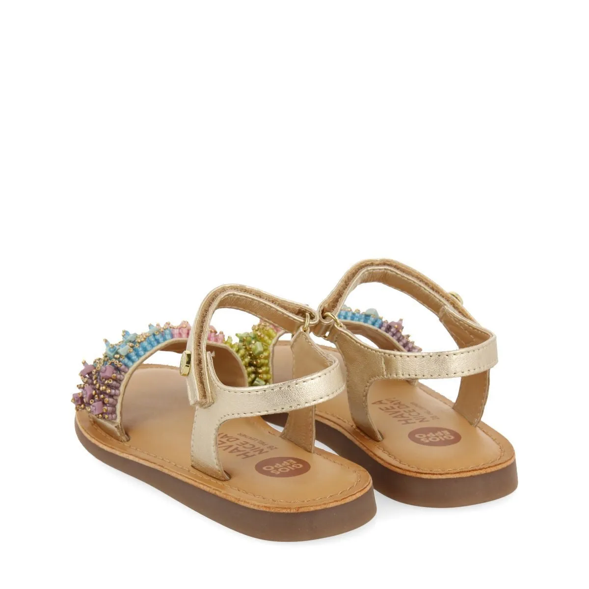 Golden leather sandals with multicolr beads.Gioseppo