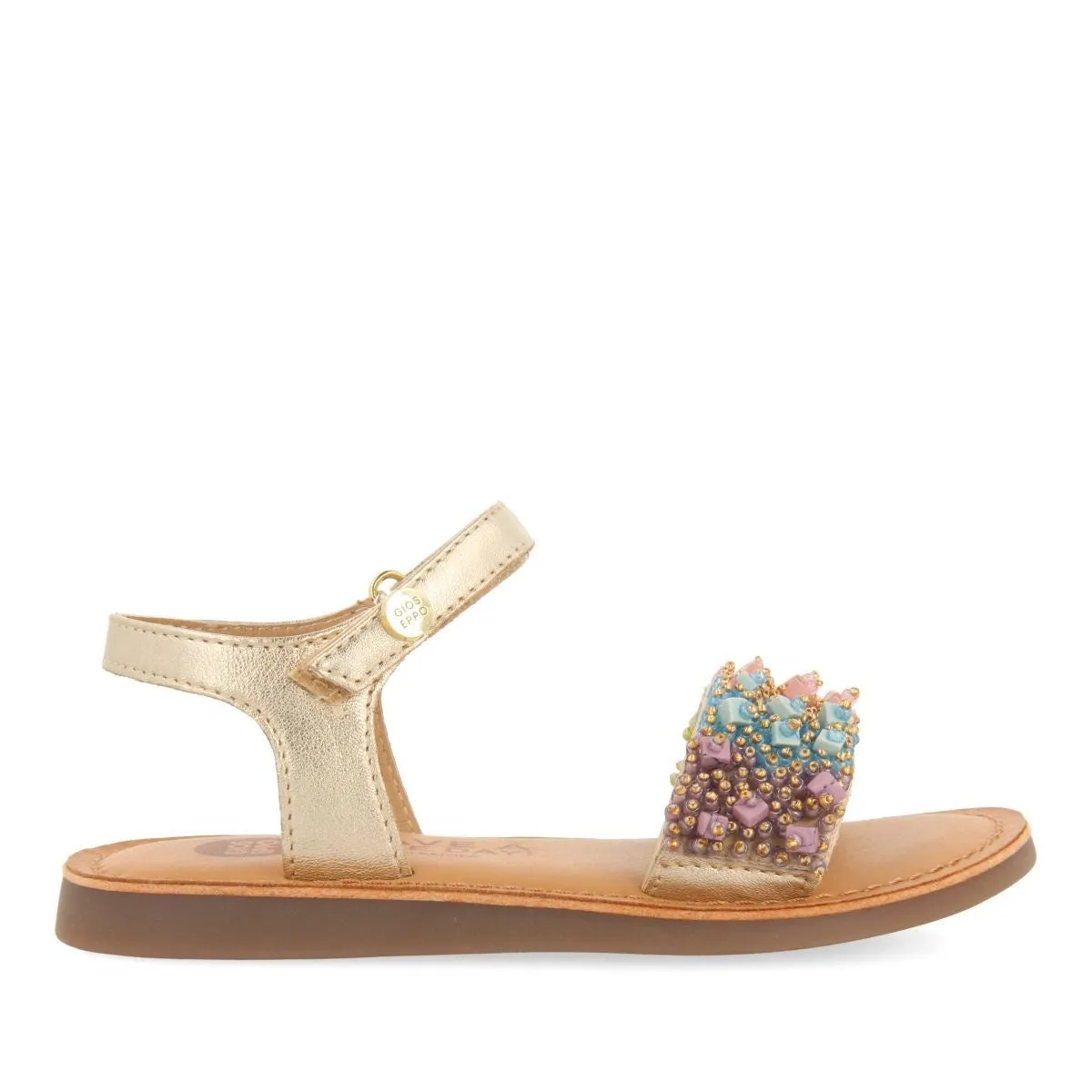 Golden leather sandals with multicolr beads.Gioseppo