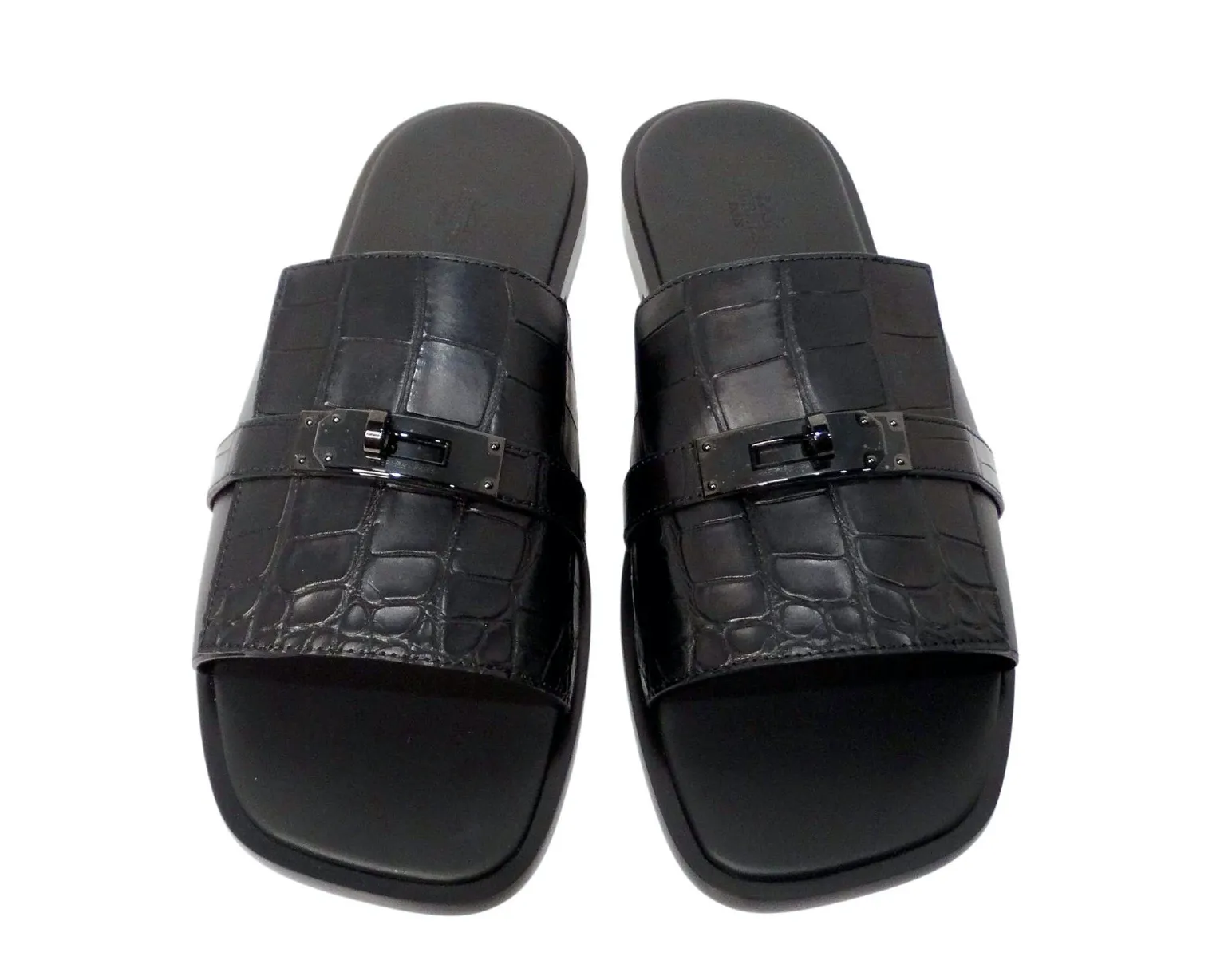 Hermes Mens Made-To-Order Gabriel Black Alligator Leather Slide Sandals