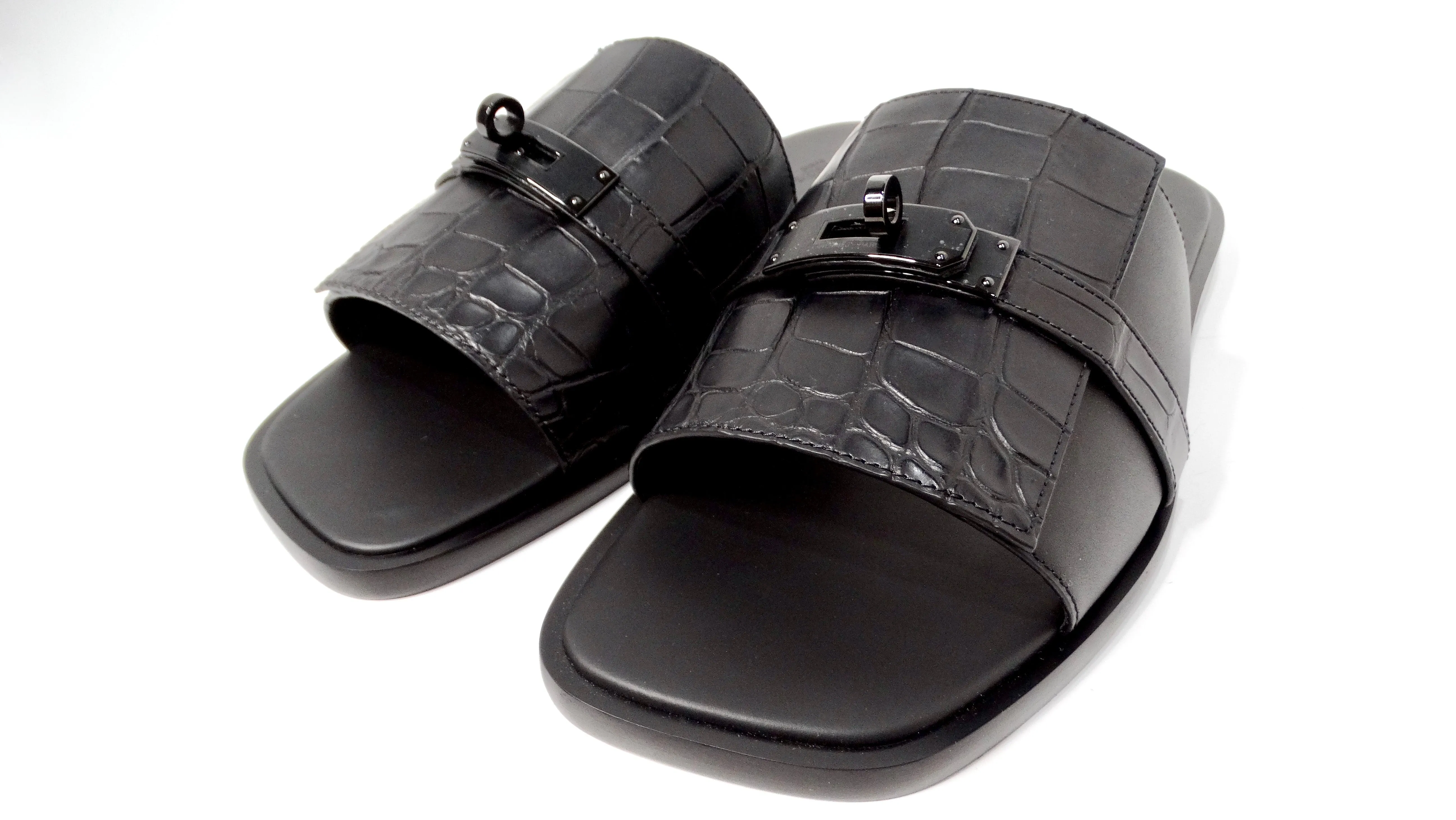 Hermes Mens Made-To-Order Gabriel Black Alligator Leather Slide Sandals