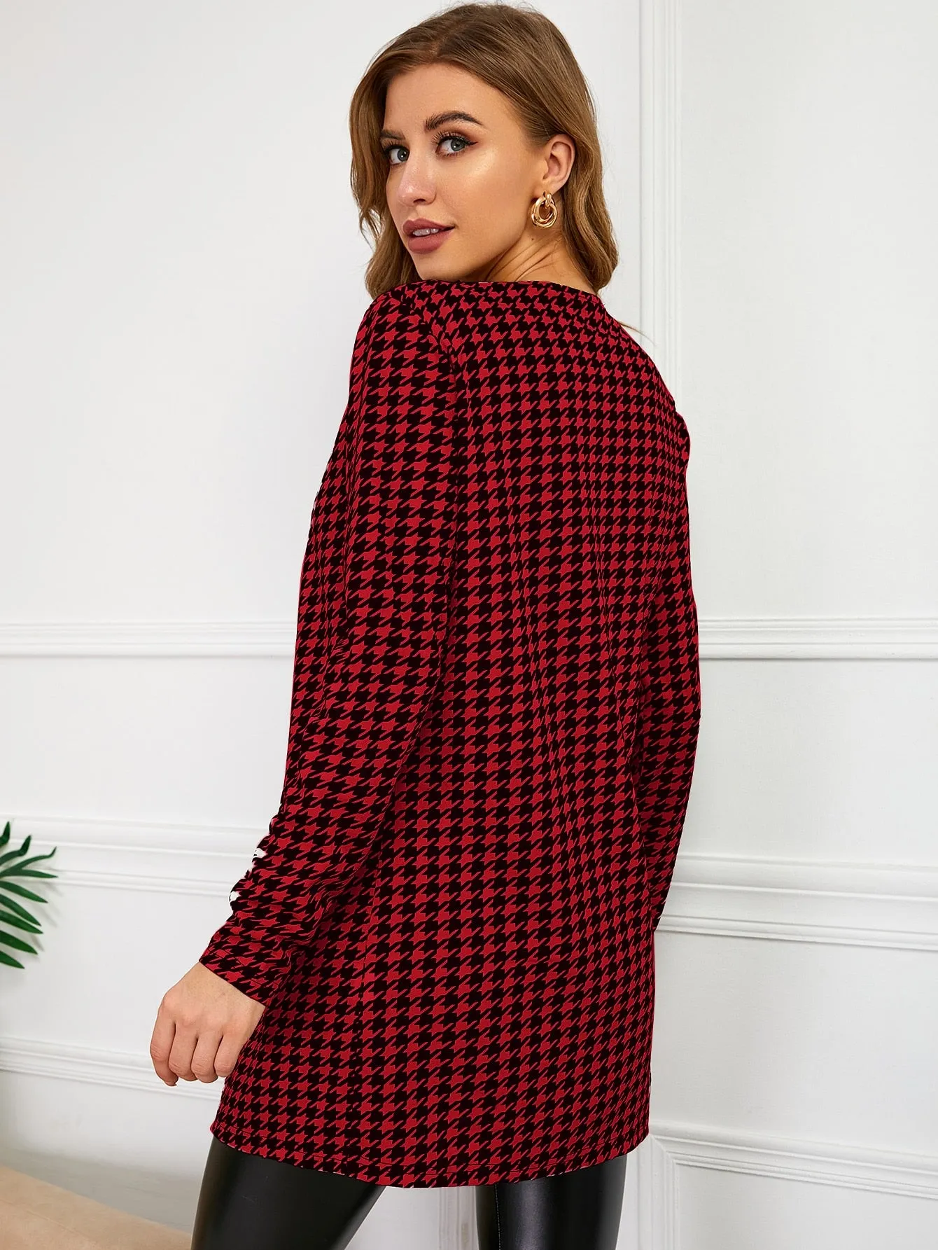 Houndstooth Pattern Open Front Coat