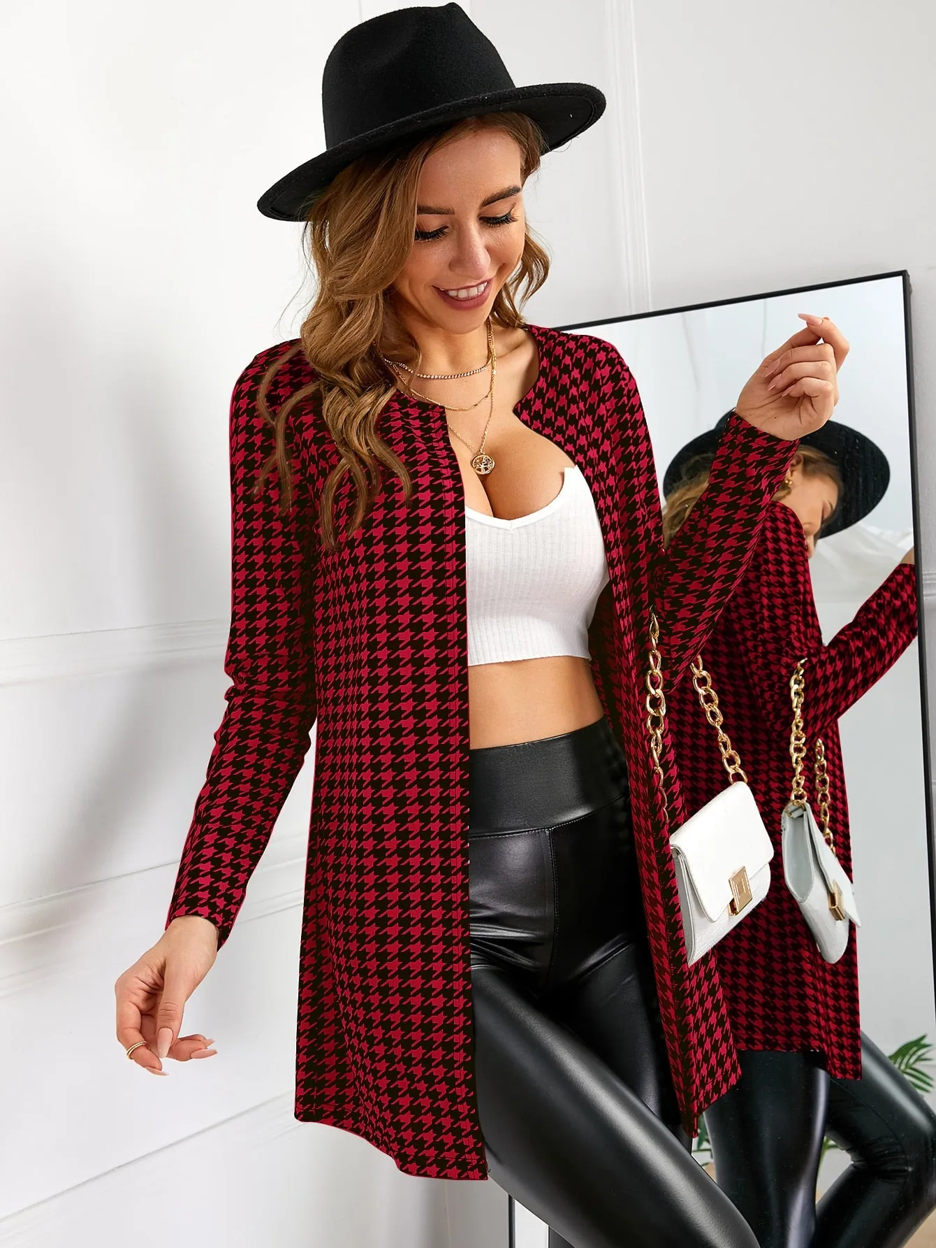 Houndstooth Pattern Open Front Coat