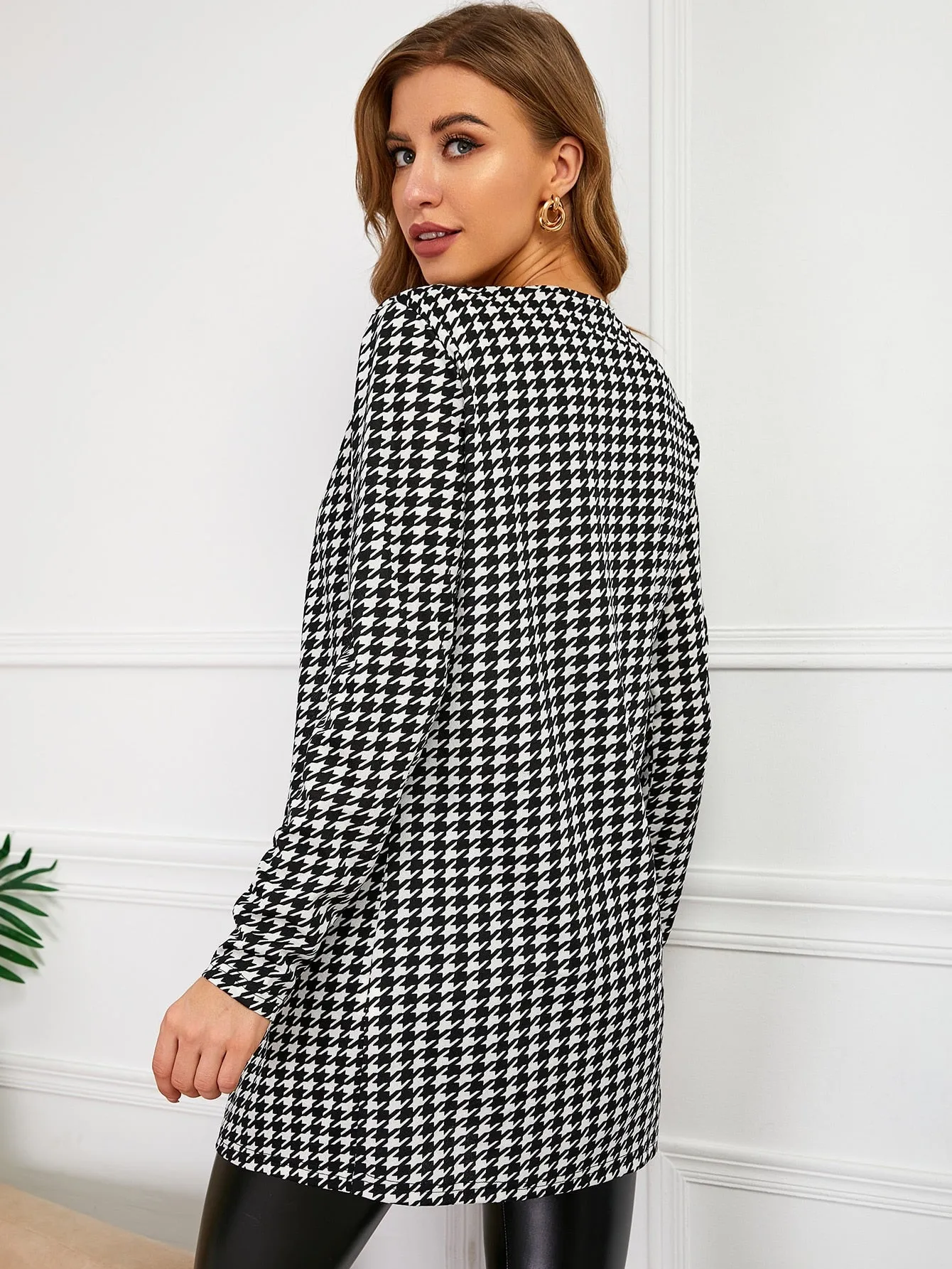 Houndstooth Pattern Open Front Coat