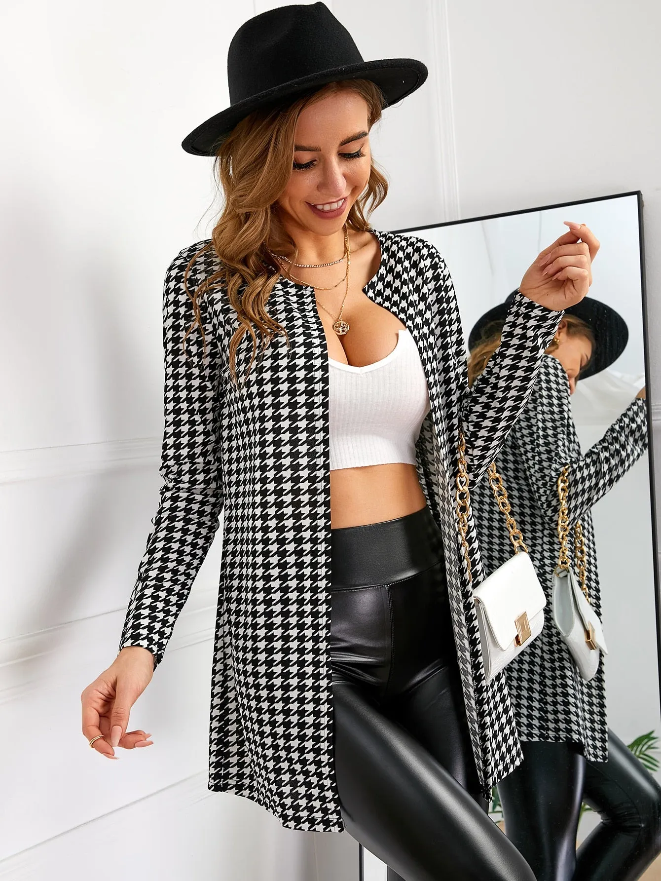 Houndstooth Pattern Open Front Coat