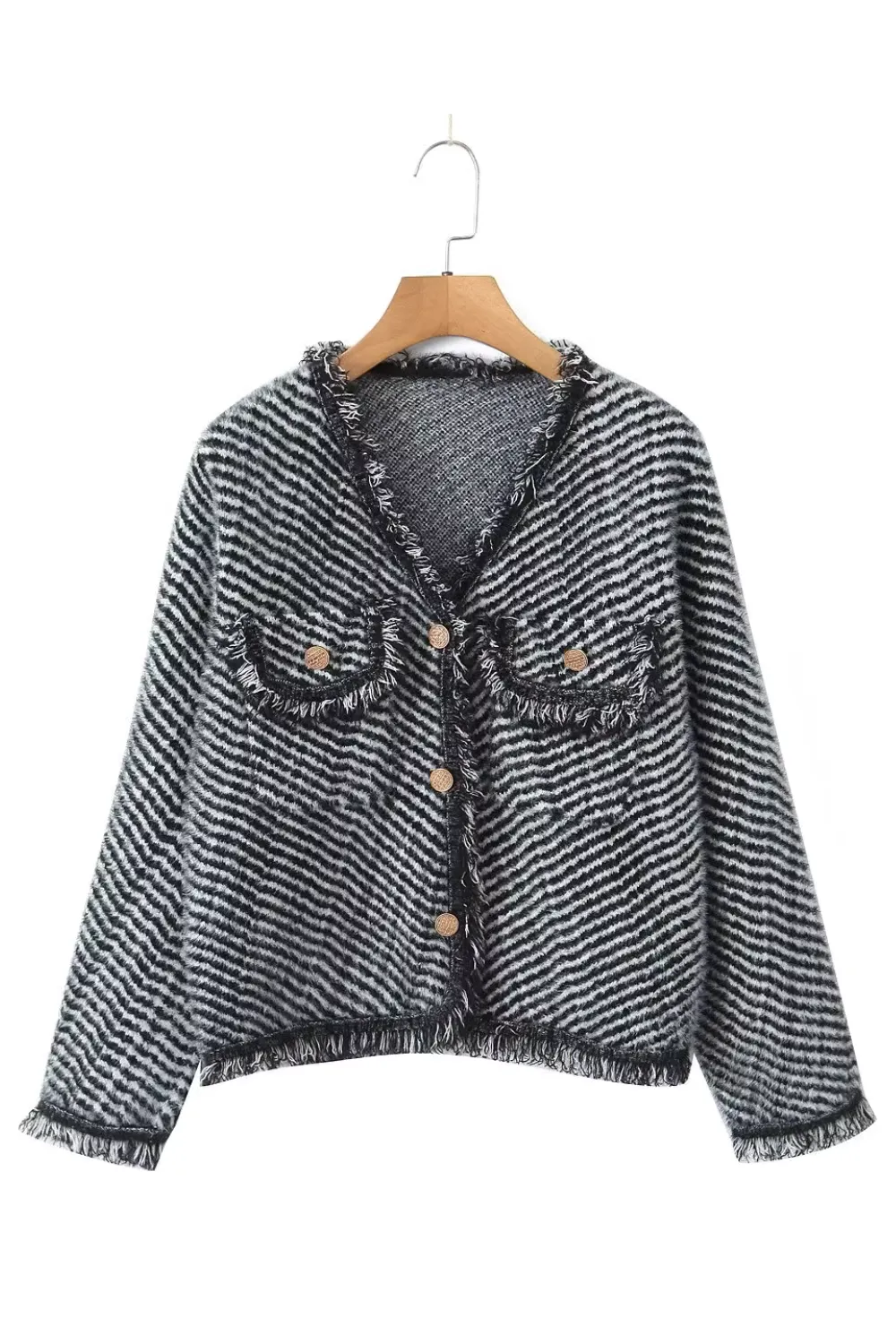 'Ivanna' V-Neck Stripe Fringe Button Jacket (2 Colors)