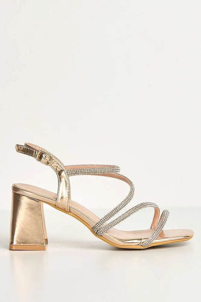 Kayli Diamante Strappy Block Heels in Rose Gold