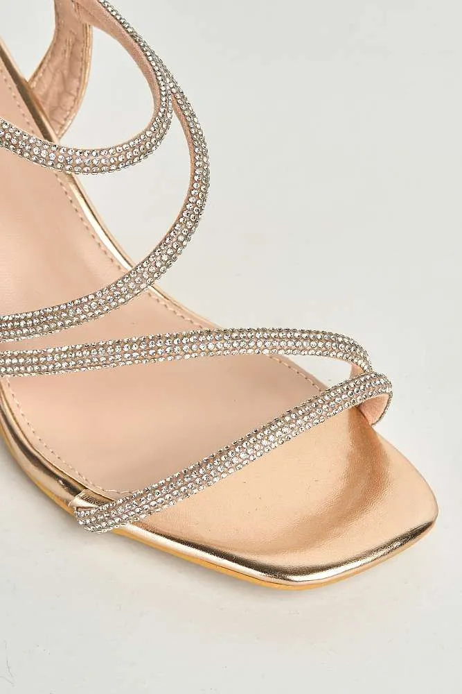 Kayli Diamante Strappy Block Heels in Rose Gold