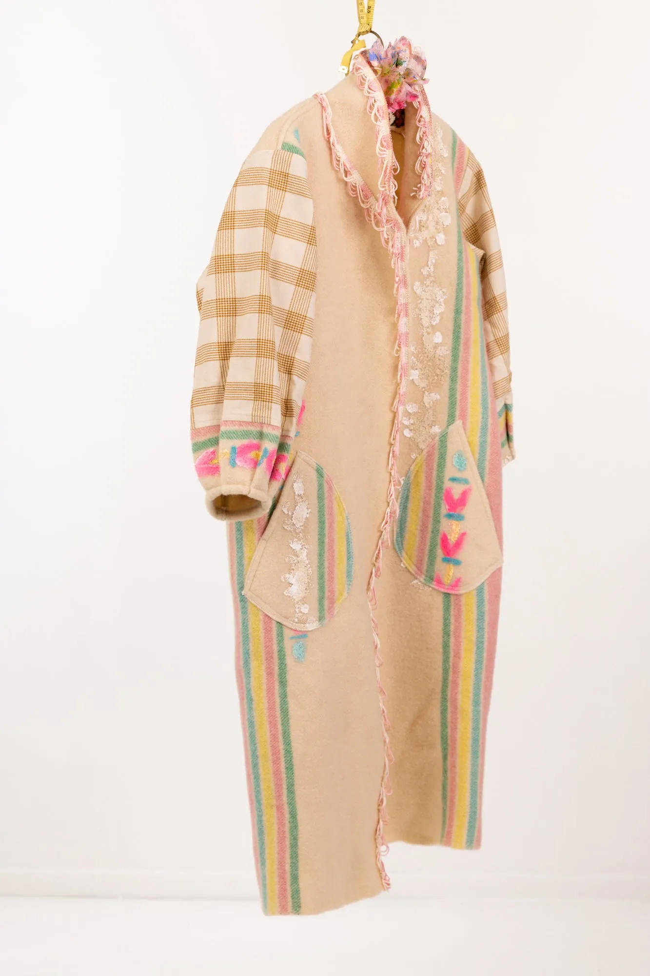 Love Notes Collection Vintage Wool Blanket with Double Fringe Trim Collar & LOVE Hand Painting Duster #COL25 Size M/L