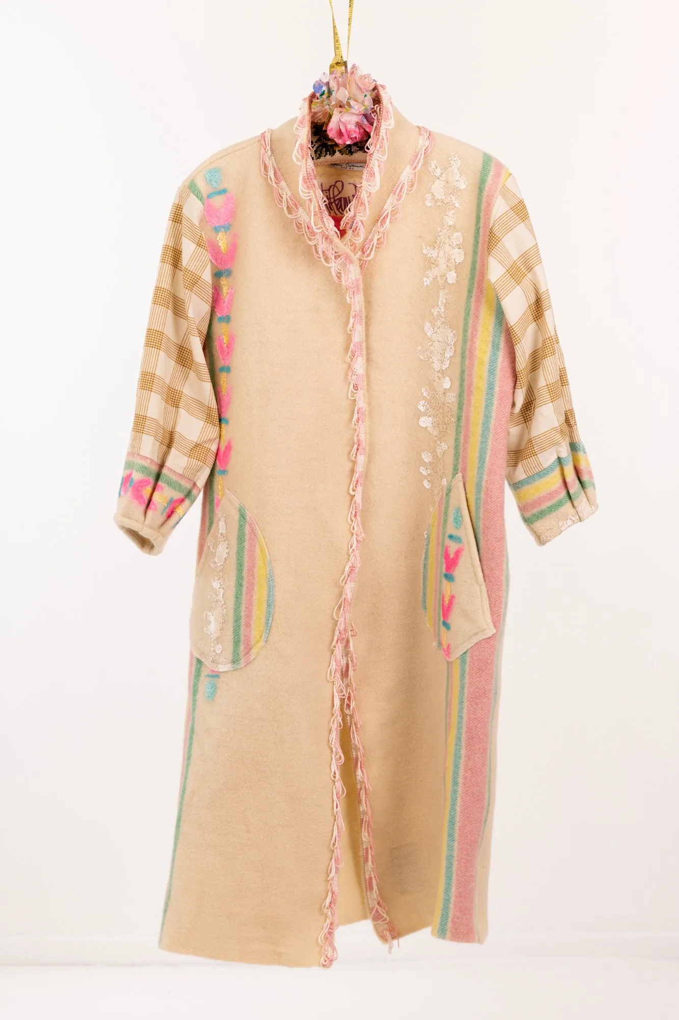 Love Notes Collection Vintage Wool Blanket with Double Fringe Trim Collar & LOVE Hand Painting Duster #COL25 Size M/L