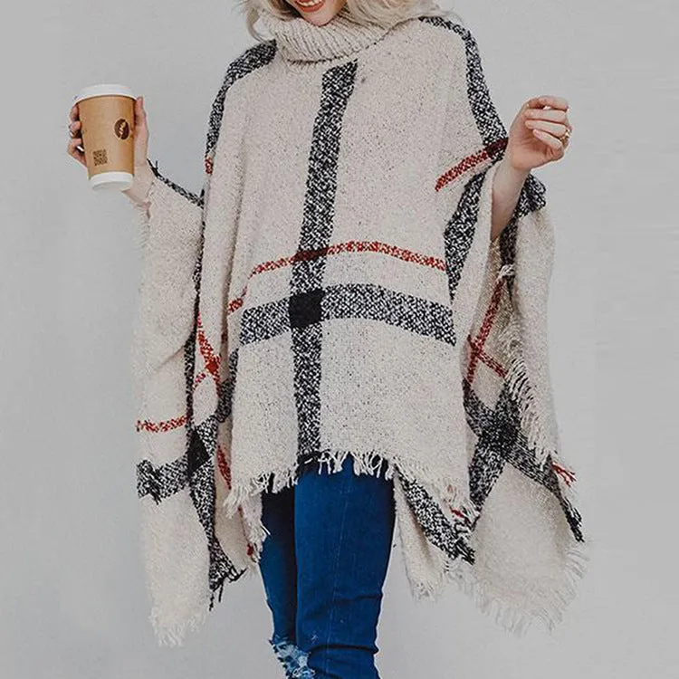 Mid-Length Fluffy Plaid Turtleneck Cozy Fringe Poncho