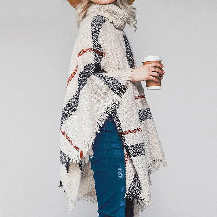 Mid-Length Fluffy Plaid Turtleneck Cozy Fringe Poncho