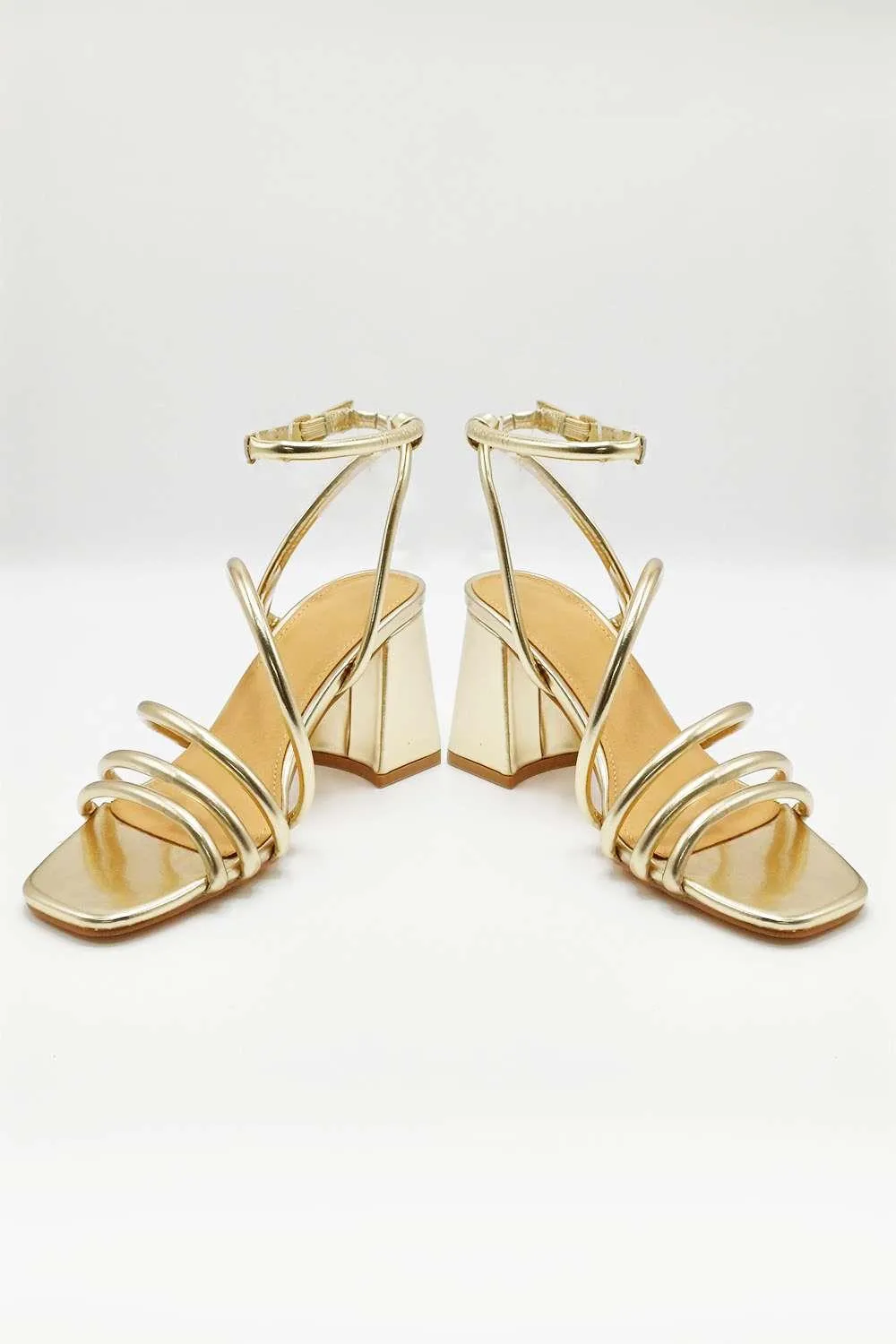 Milena Square Toe Strappy Block Heel Sandals in Gold