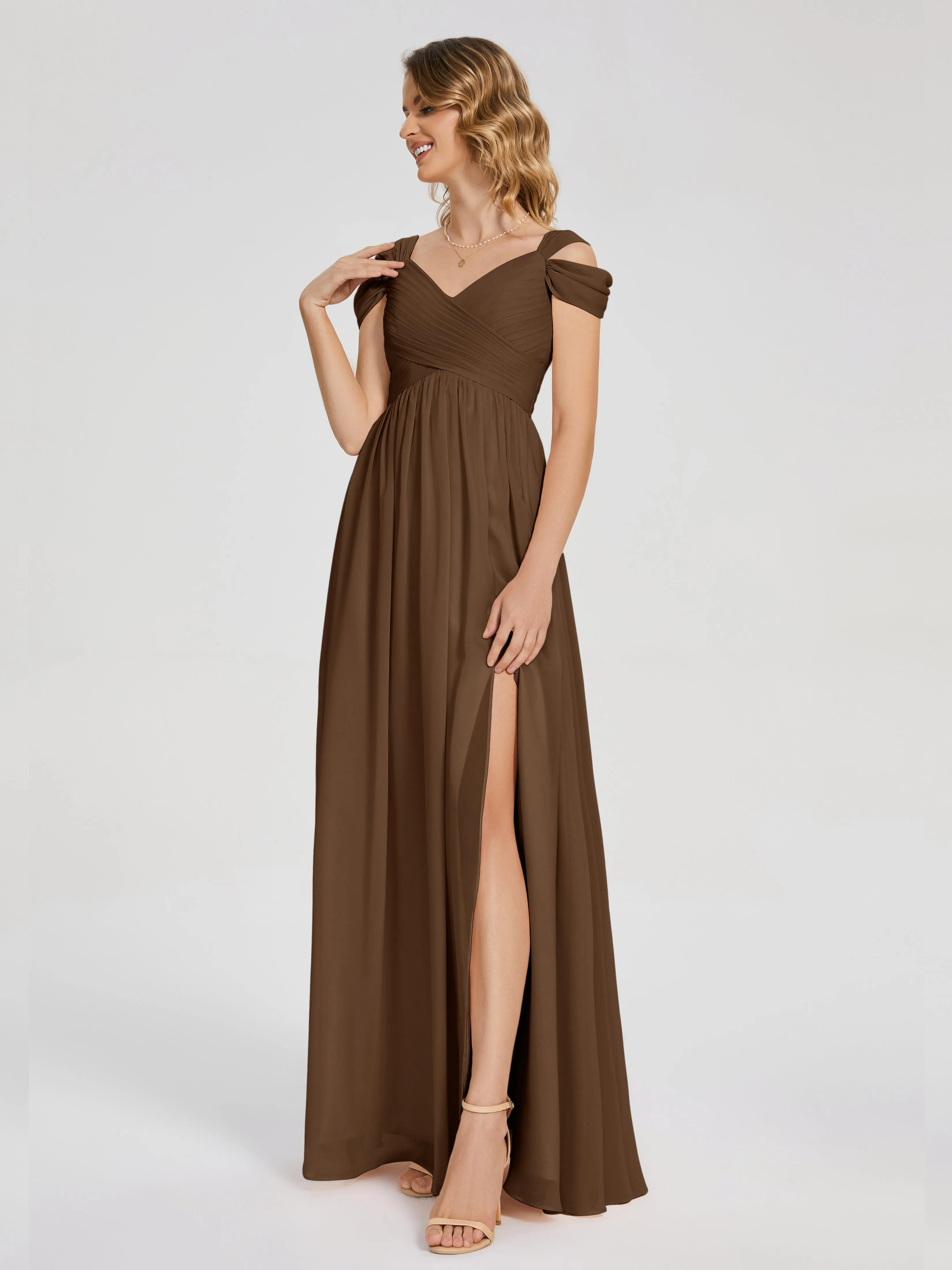 Modest Brown Bridesmaid Dresses Charlee Flowy Split Chiffon Bridesmaid Dresses