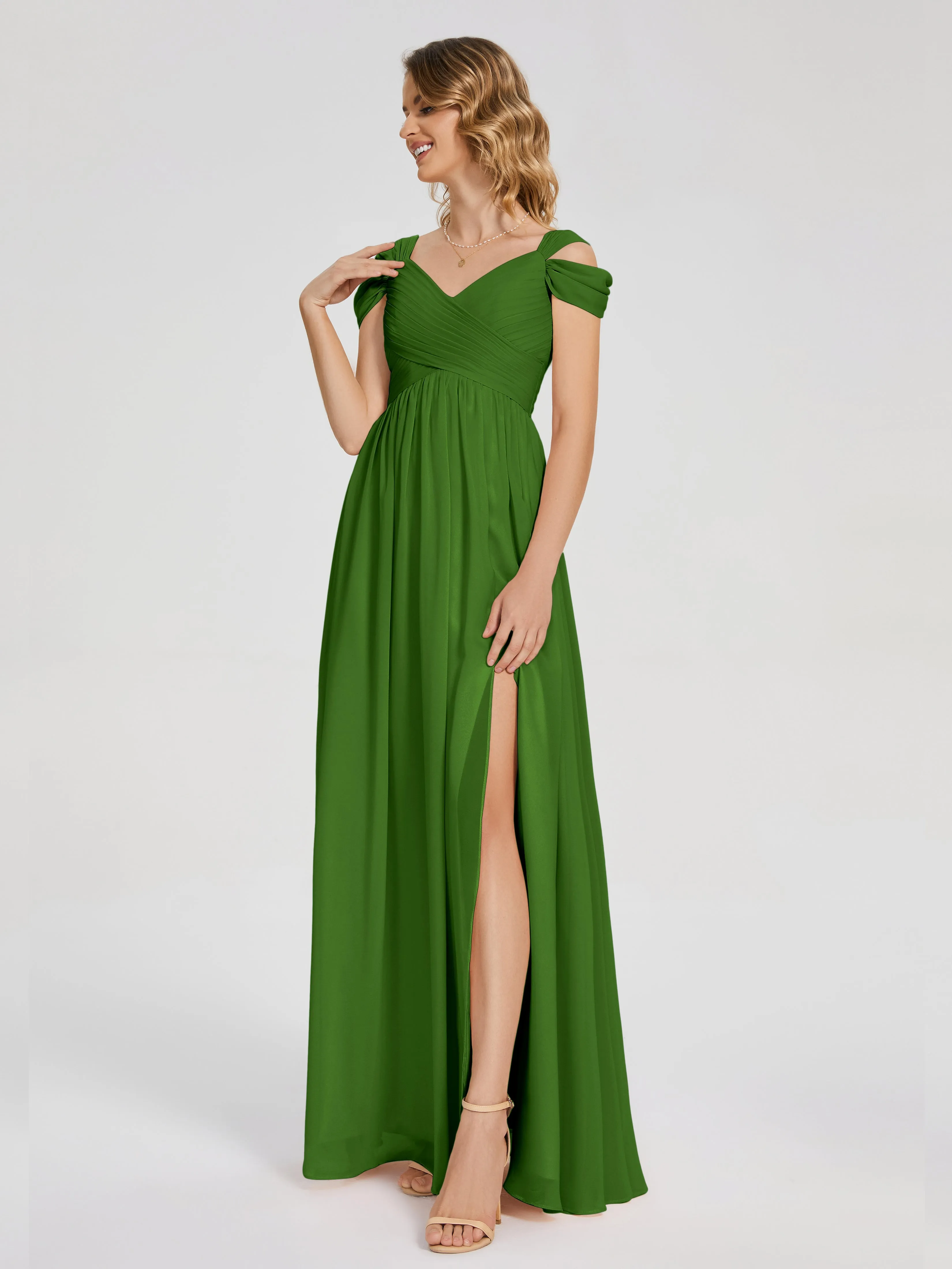 Mossy Green Bridesmaid Dresses Charlee Flowy Split Chiffon Bridesmaid Dresses