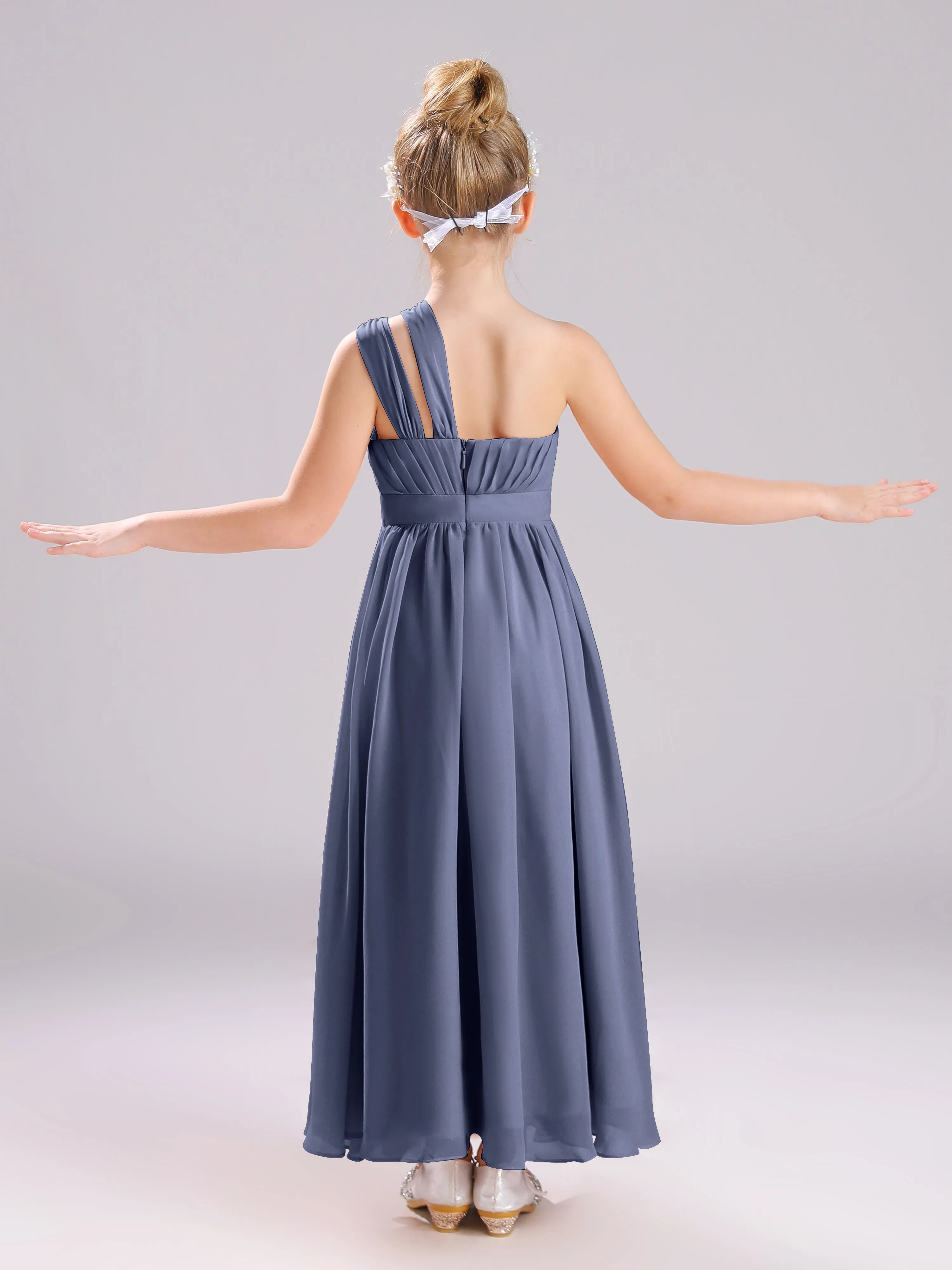 One Shoulder Pleats Long Chiffon Junior Bridesmaid Dresses