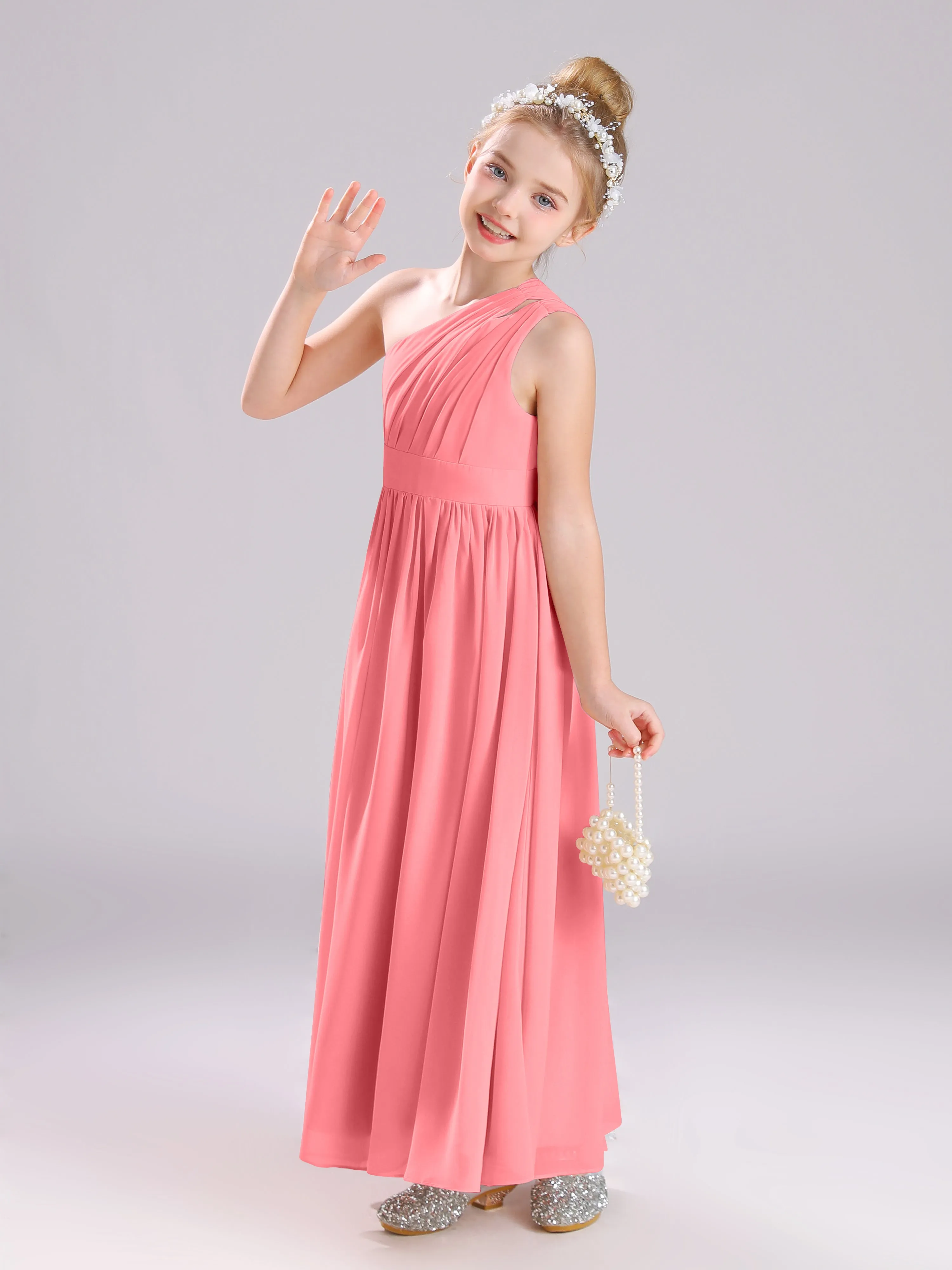 One Shoulder Pleats Long Chiffon Junior Bridesmaid Dresses