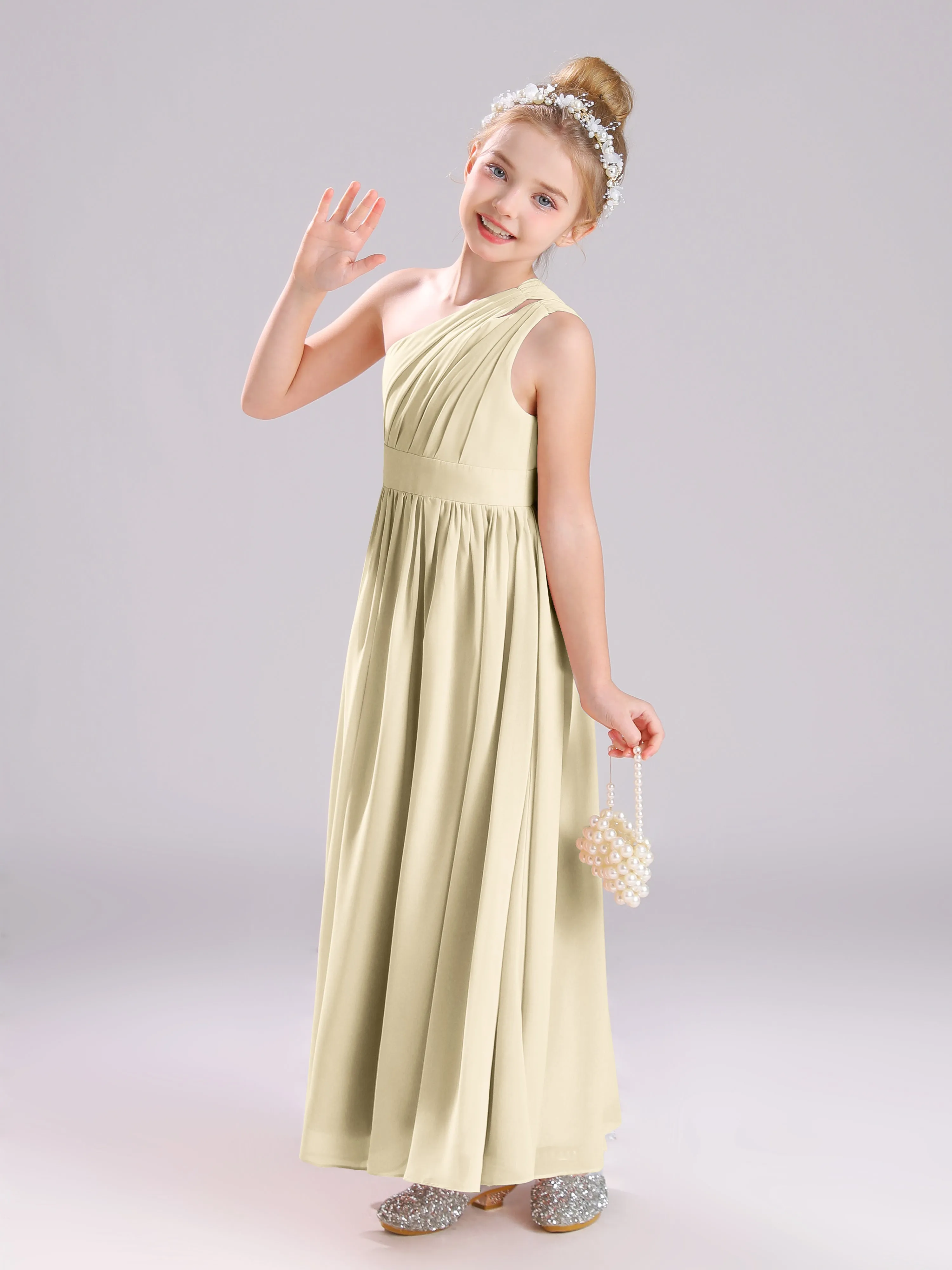 One Shoulder Pleats Long Chiffon Junior Bridesmaid Dresses