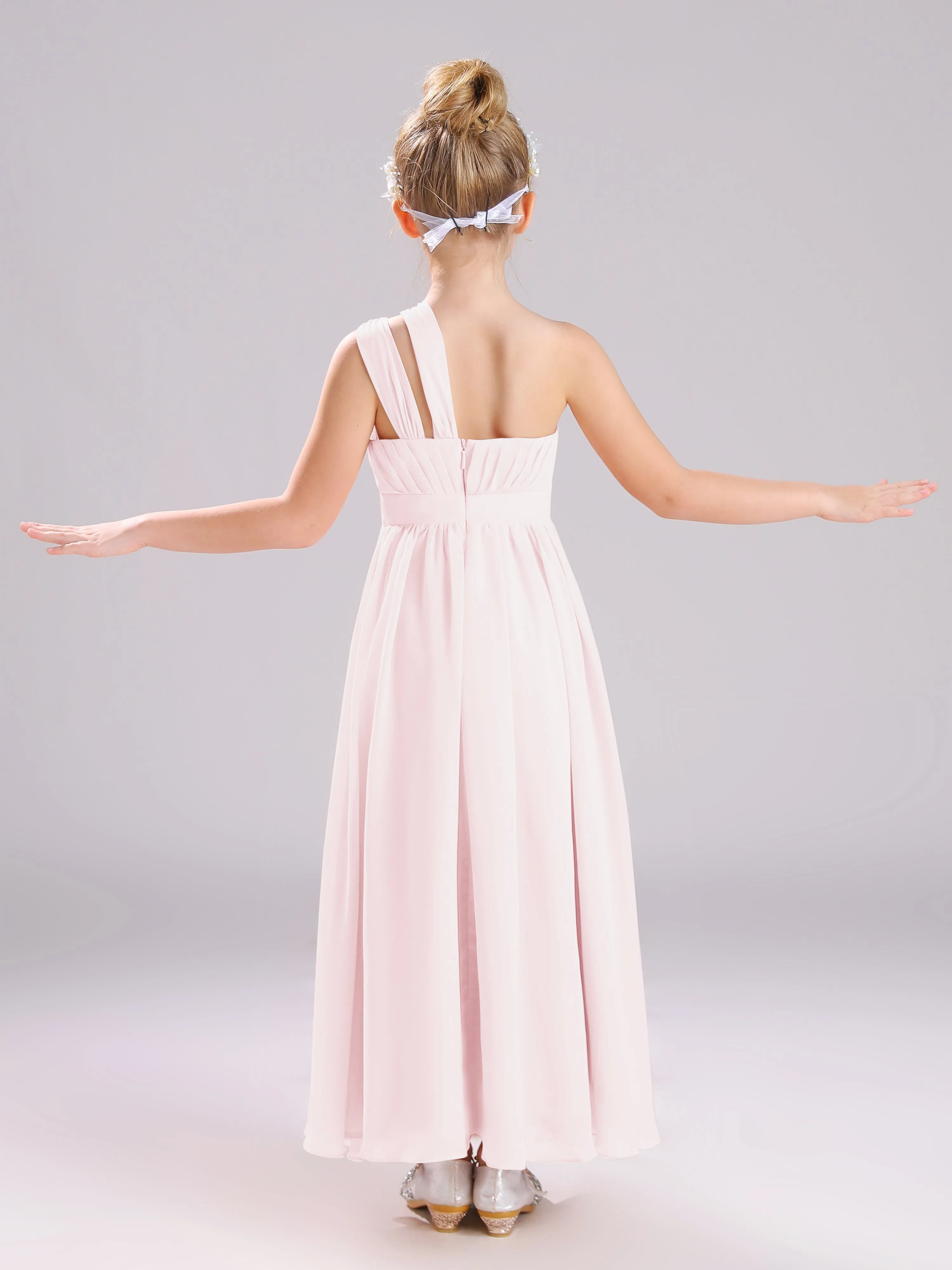 One Shoulder Pleats Long Chiffon Junior Bridesmaid Dresses