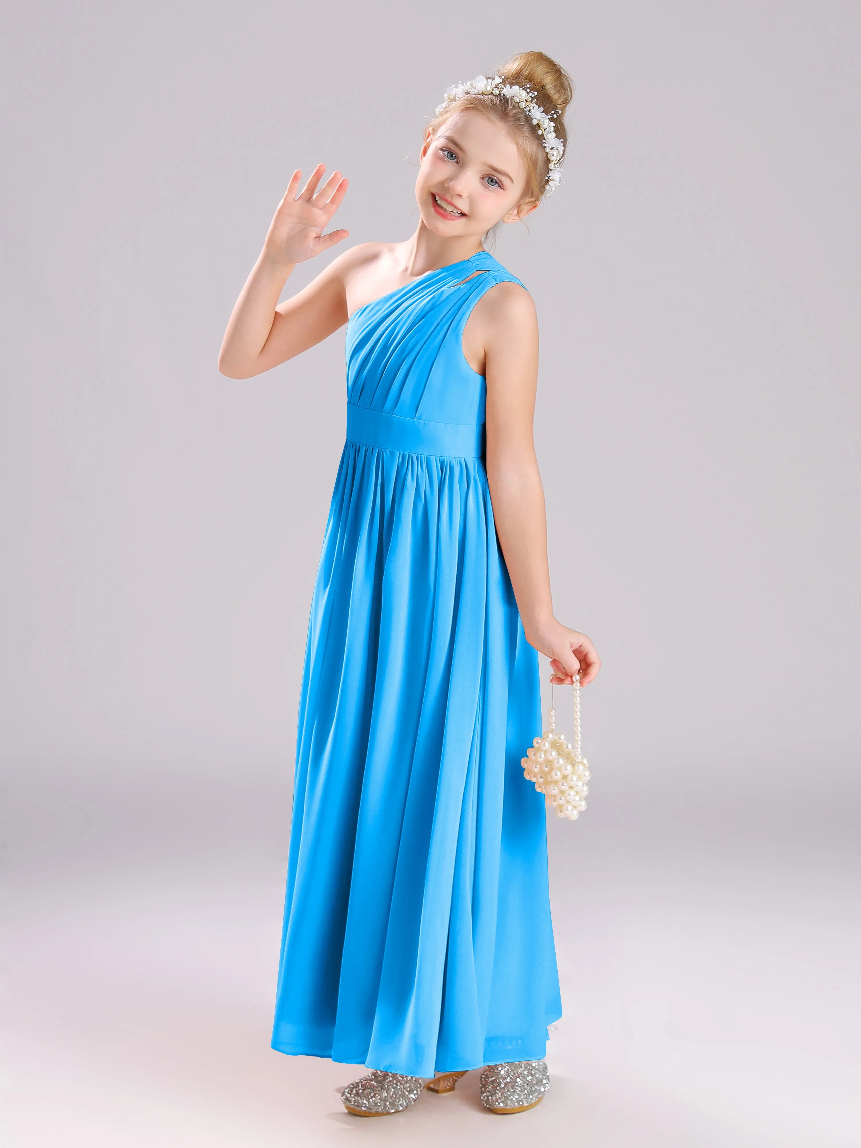 One Shoulder Pleats Long Chiffon Junior Bridesmaid Dresses