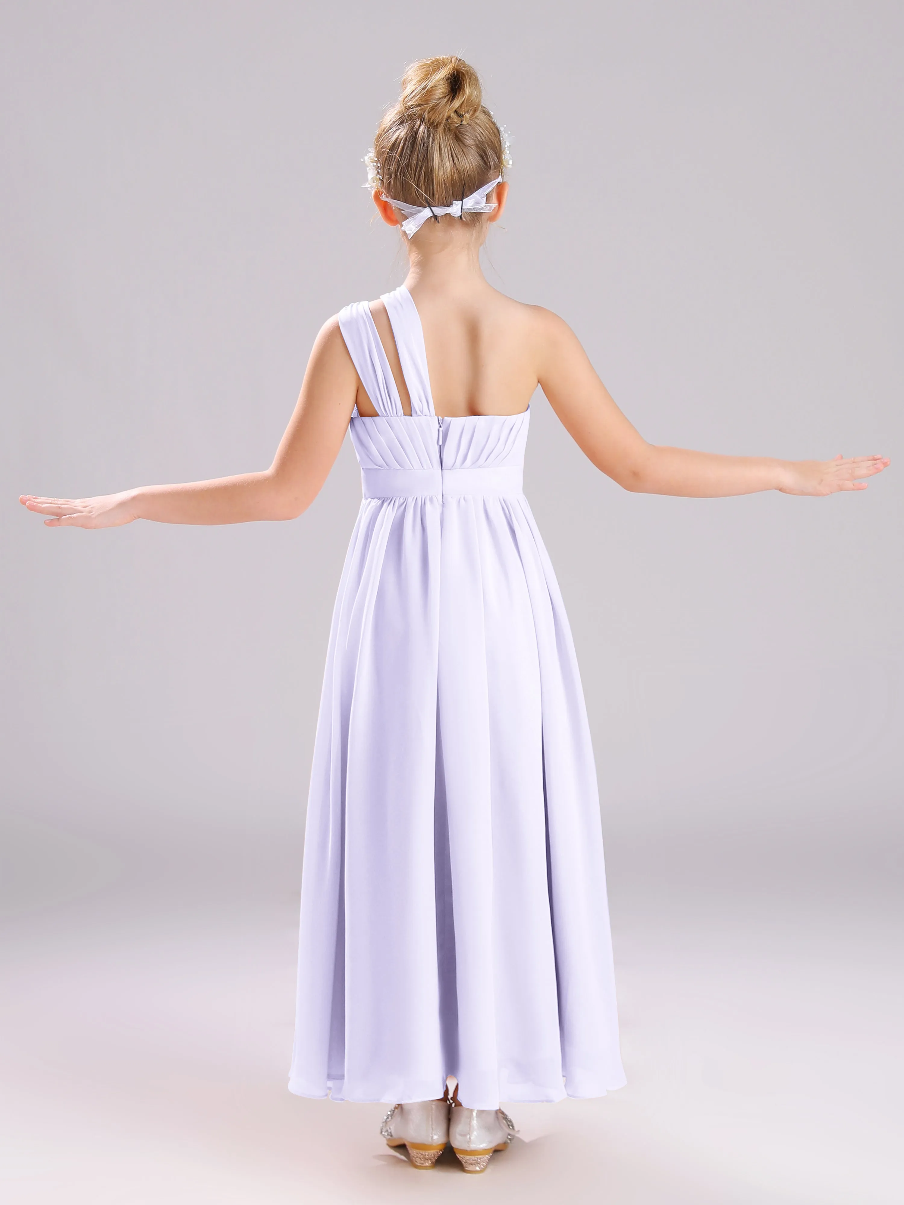 One Shoulder Pleats Long Chiffon Junior Bridesmaid Dresses