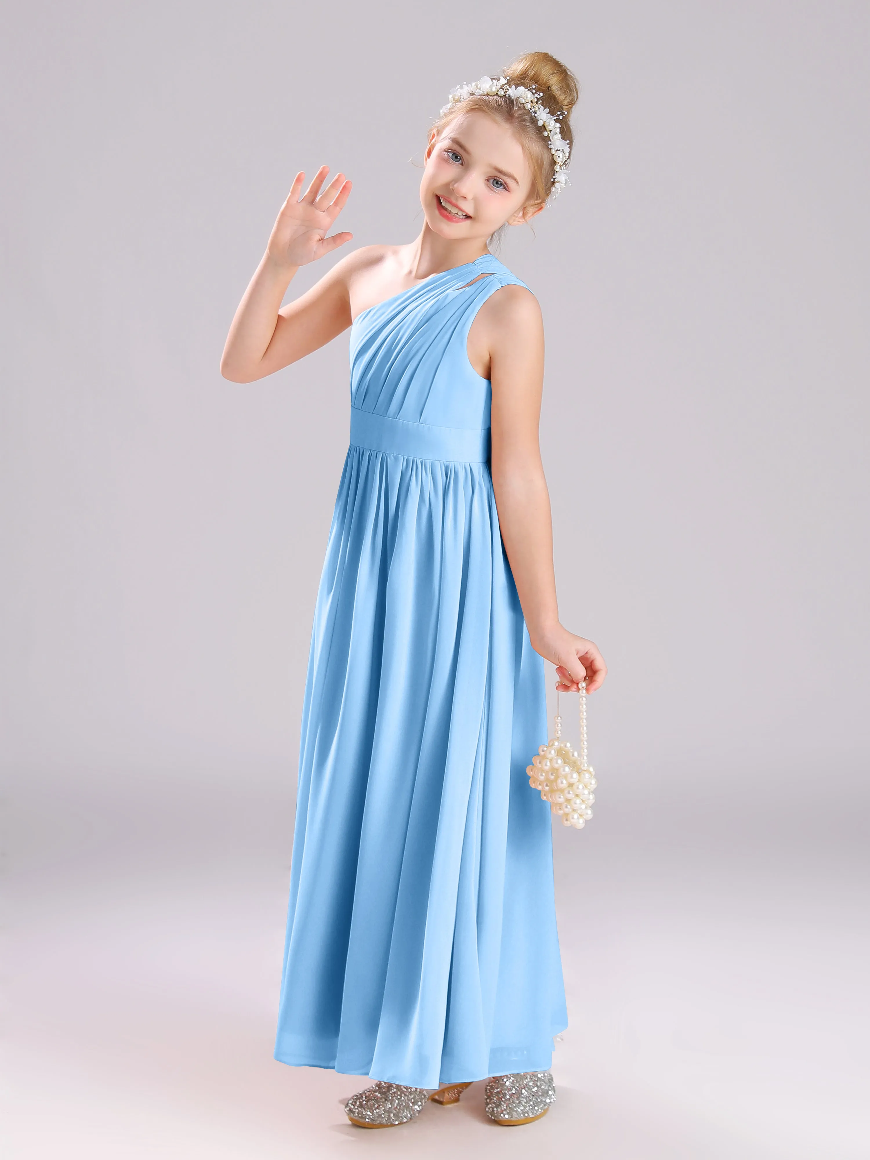 One Shoulder Pleats Long Chiffon Junior Bridesmaid Dresses