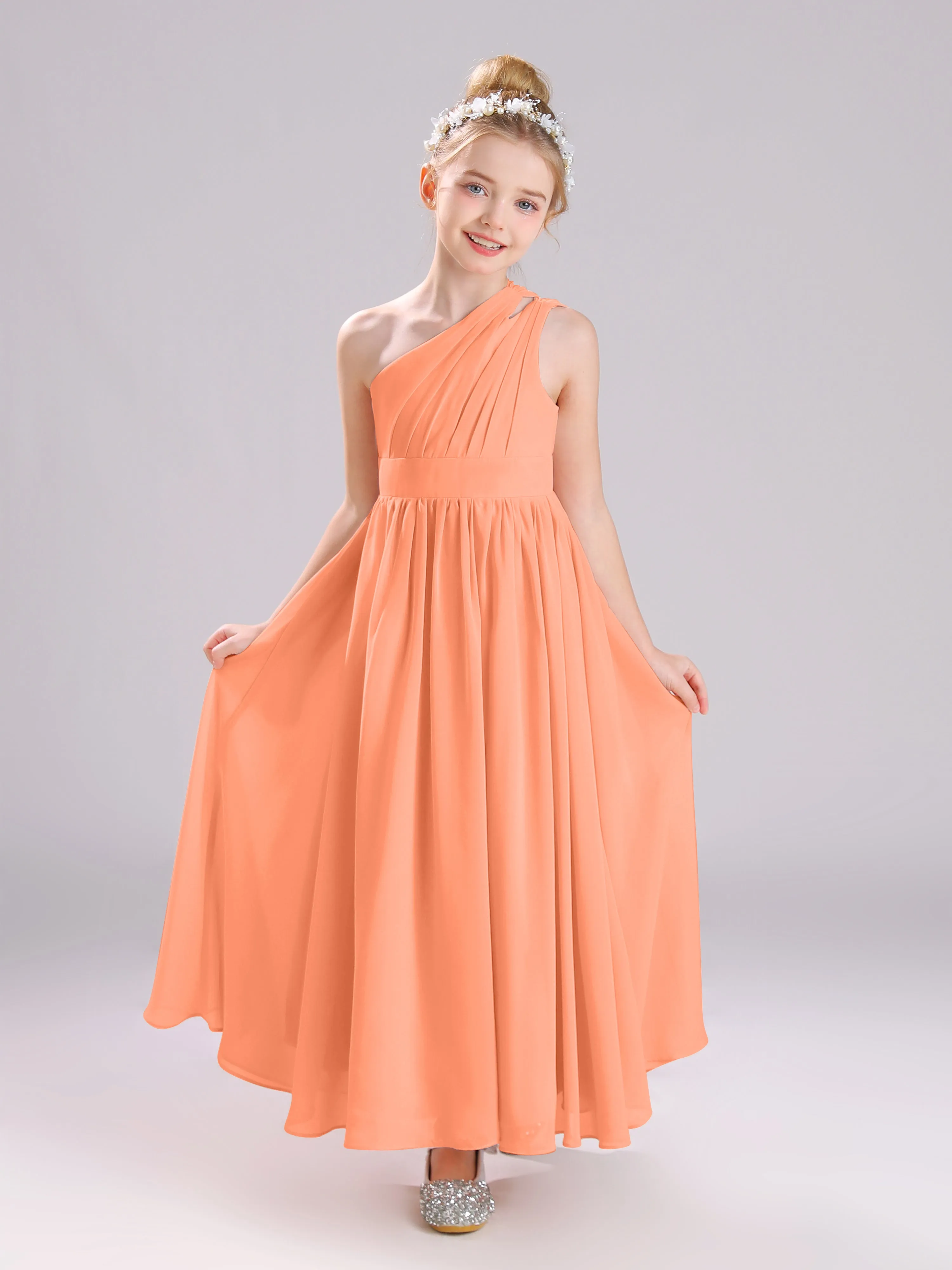 One Shoulder Pleats Long Chiffon Junior Bridesmaid Dresses