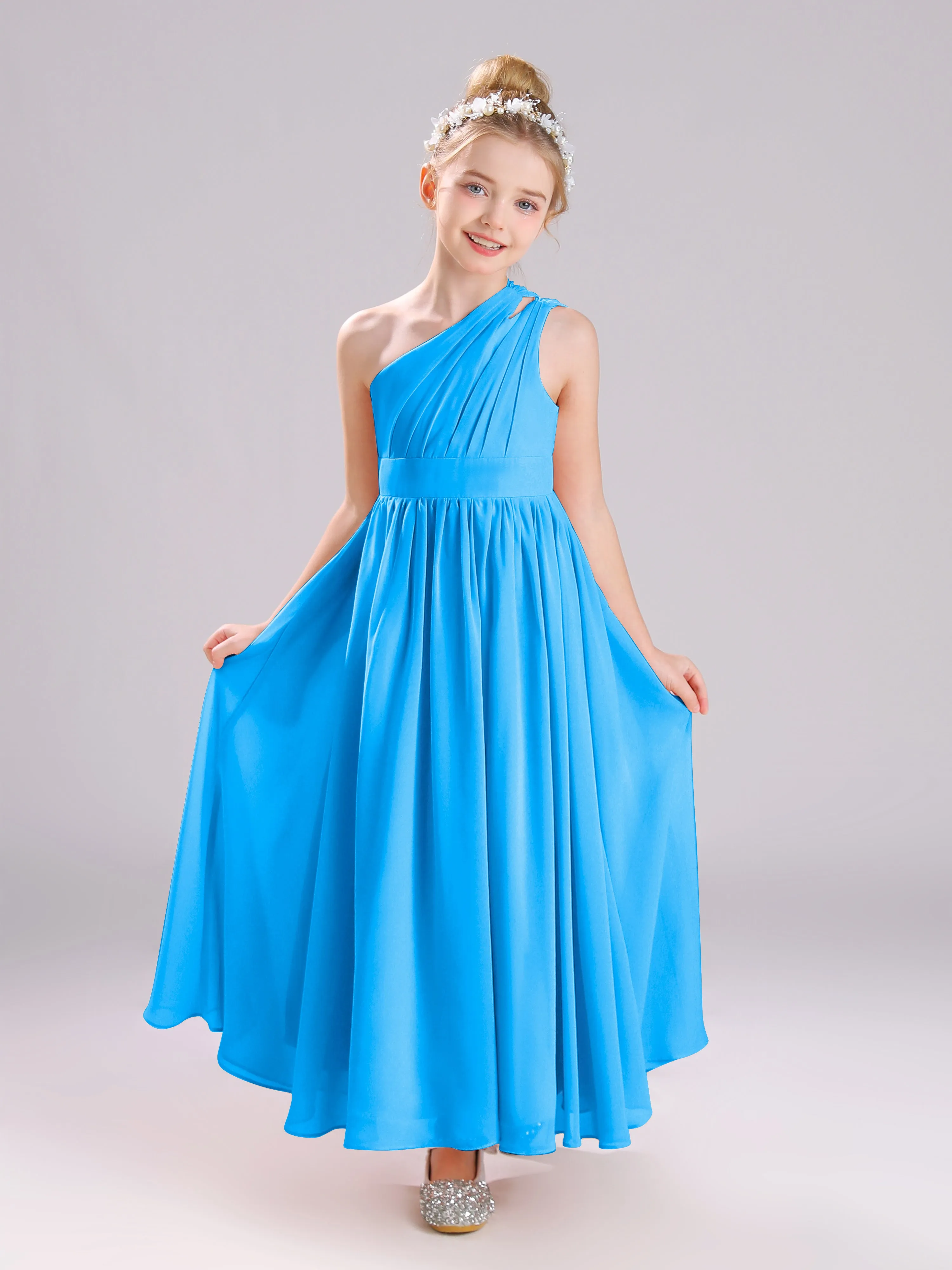 One Shoulder Pleats Long Chiffon Junior Bridesmaid Dresses