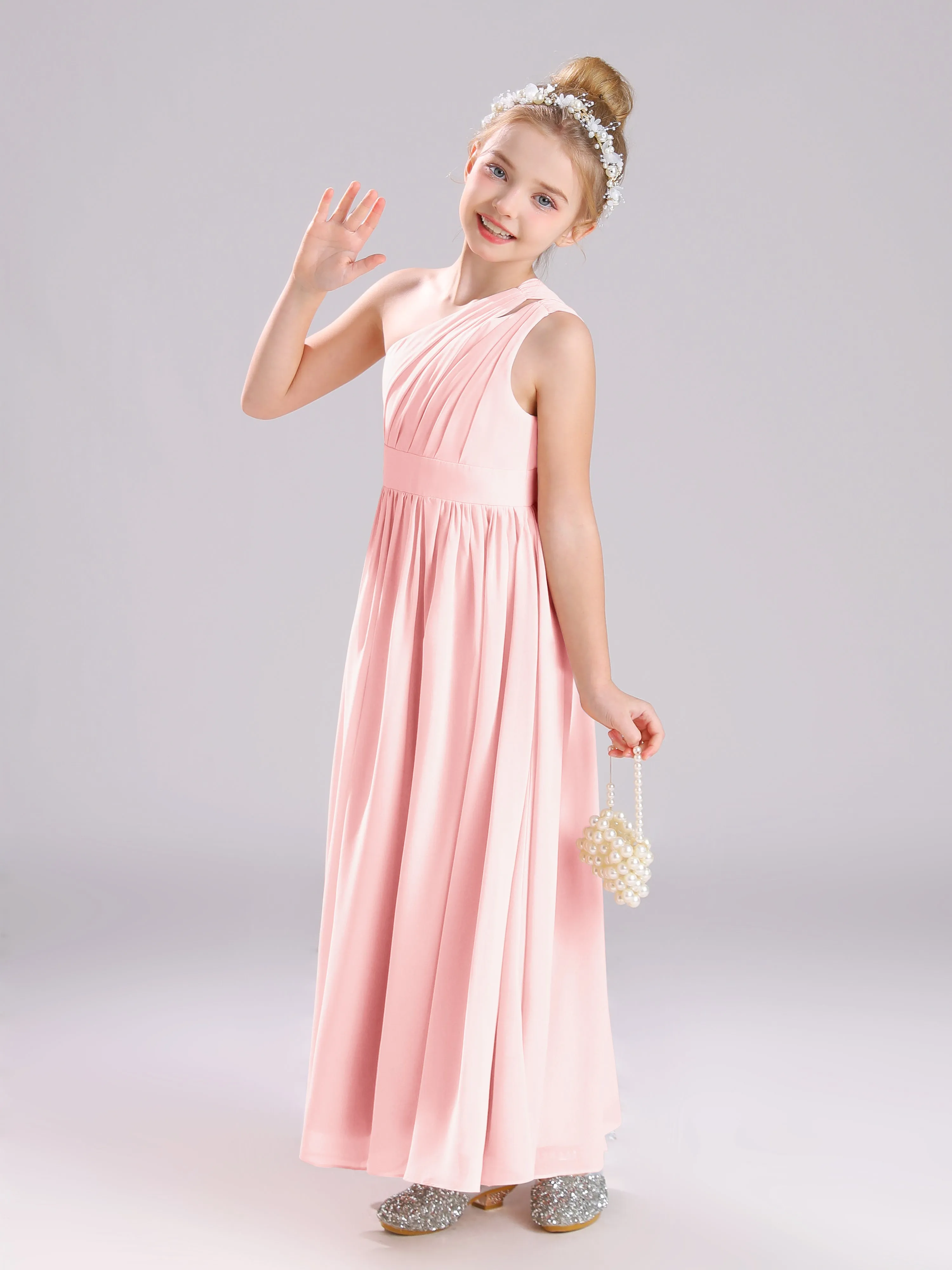 One Shoulder Pleats Long Chiffon Junior Bridesmaid Dresses