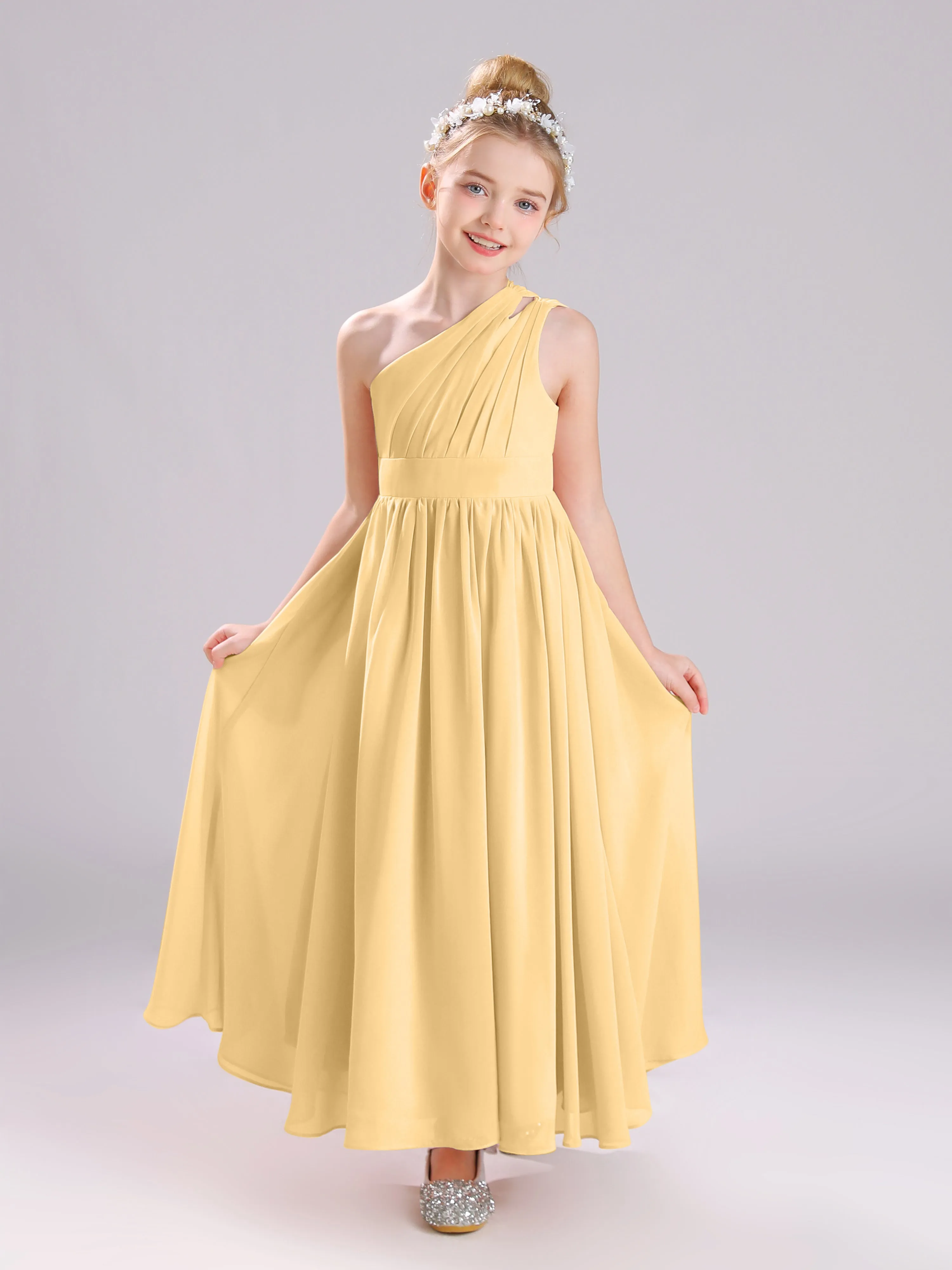 One Shoulder Pleats Long Chiffon Junior Bridesmaid Dresses