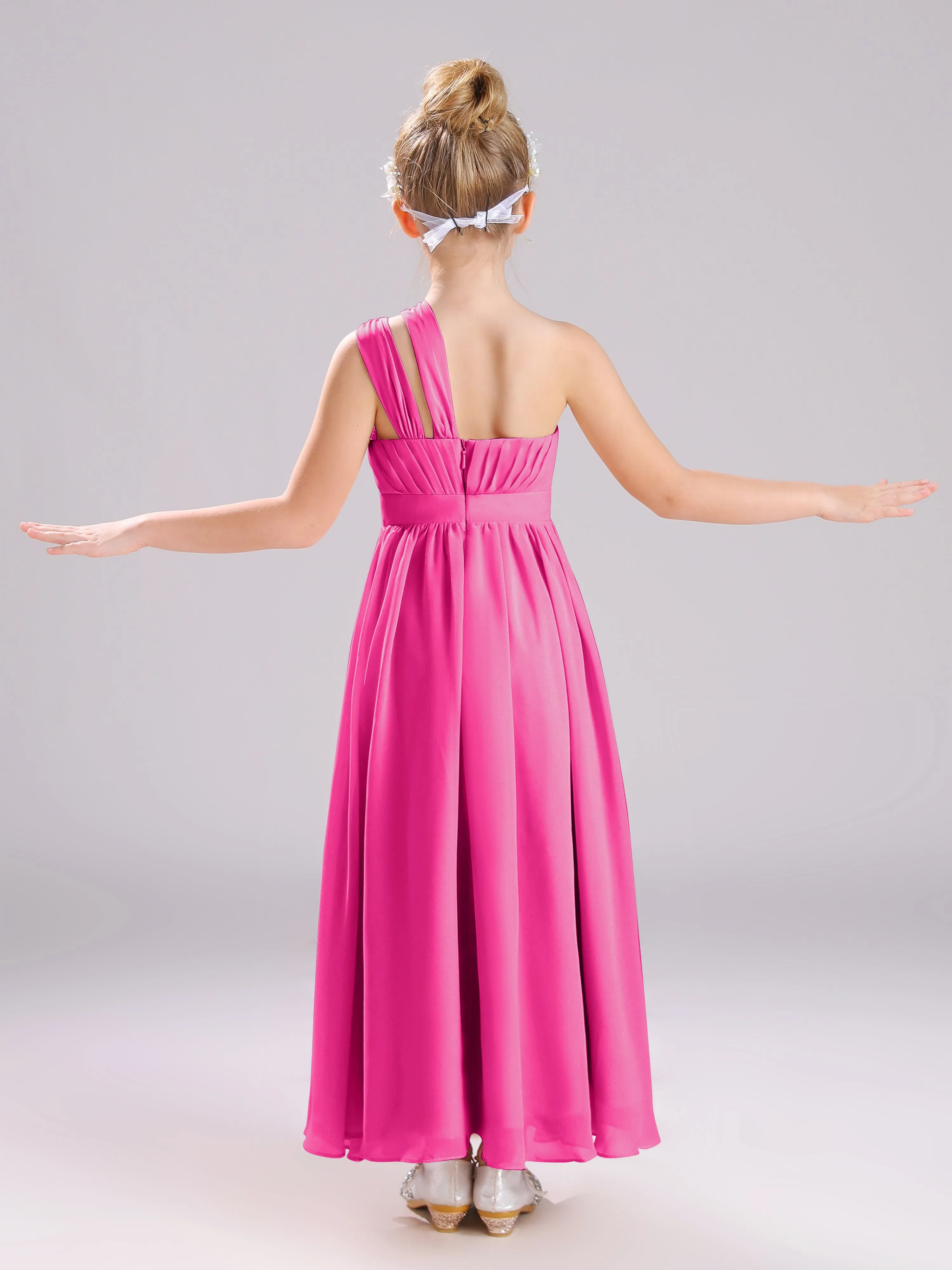 One Shoulder Pleats Long Chiffon Junior Bridesmaid Dresses