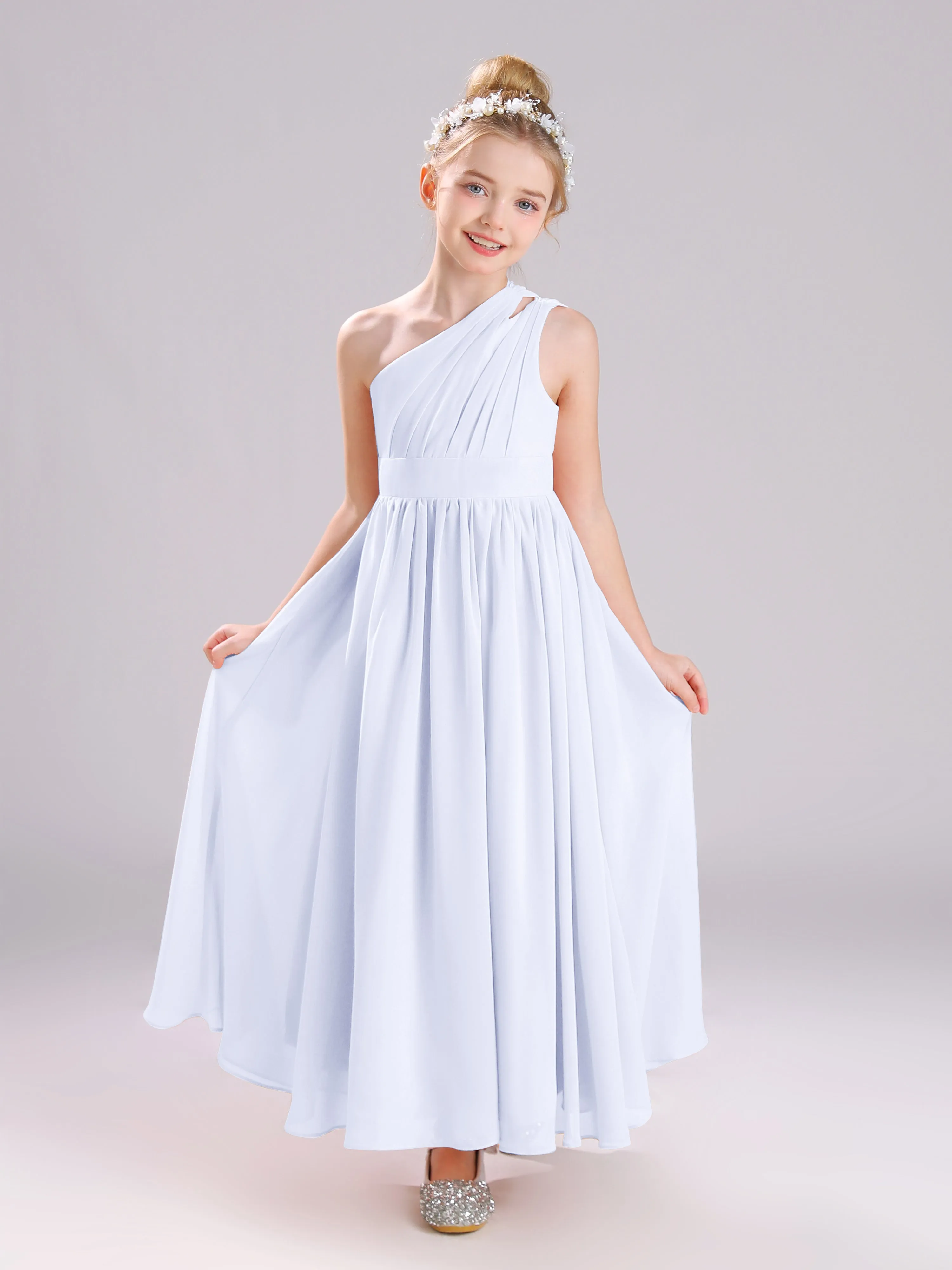 One Shoulder Pleats Long Chiffon Junior Bridesmaid Dresses