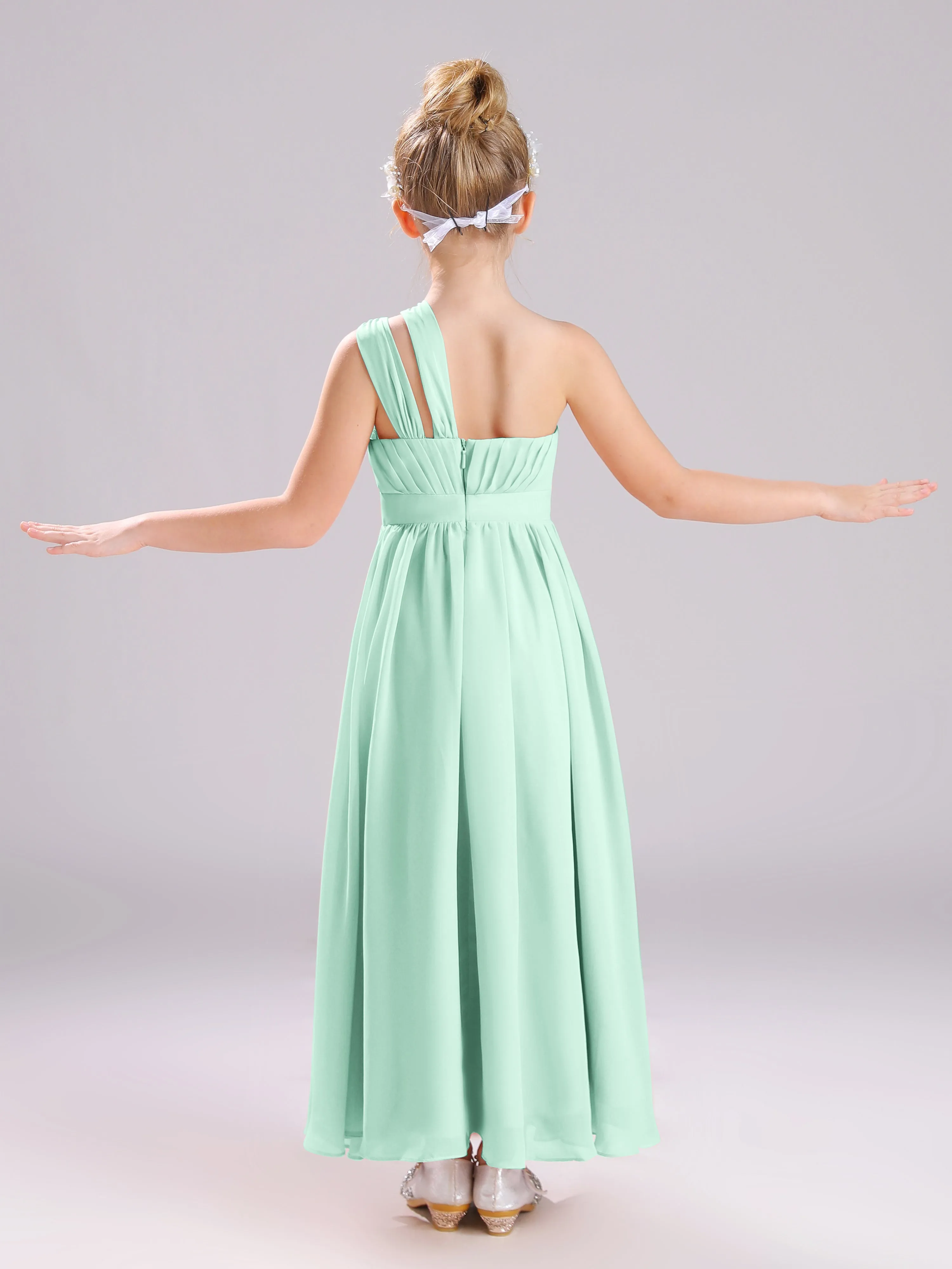 One Shoulder Pleats Long Chiffon Junior Bridesmaid Dresses