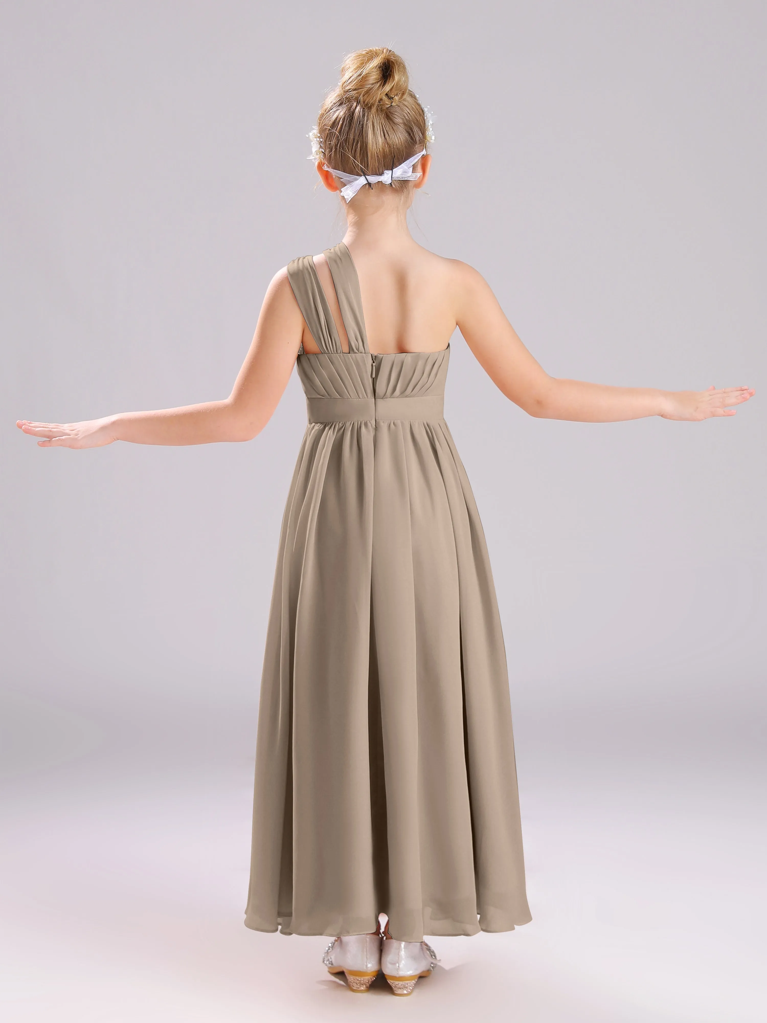 One Shoulder Pleats Long Chiffon Junior Bridesmaid Dresses