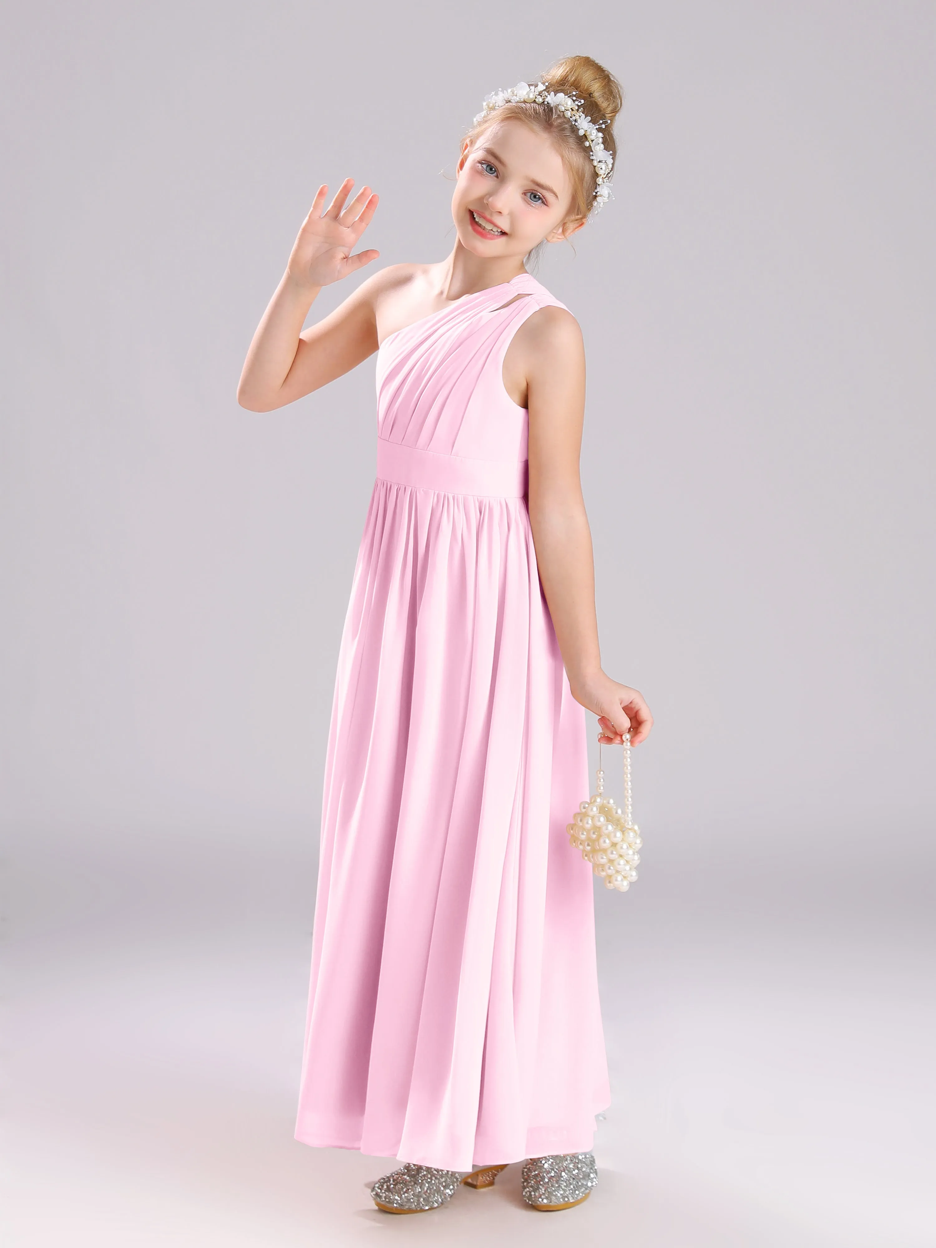 One Shoulder Pleats Long Chiffon Junior Bridesmaid Dresses