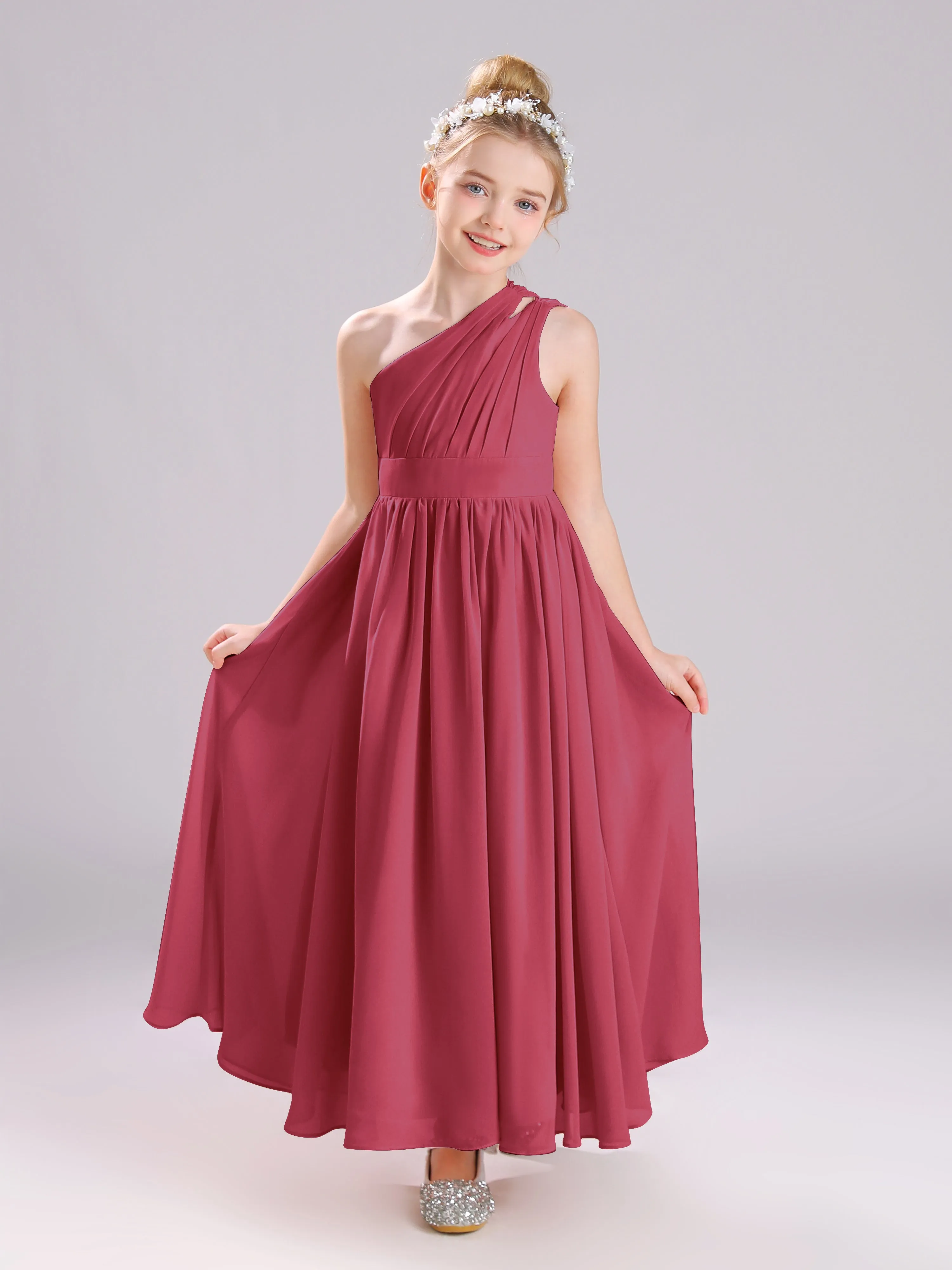 One Shoulder Pleats Long Chiffon Junior Bridesmaid Dresses