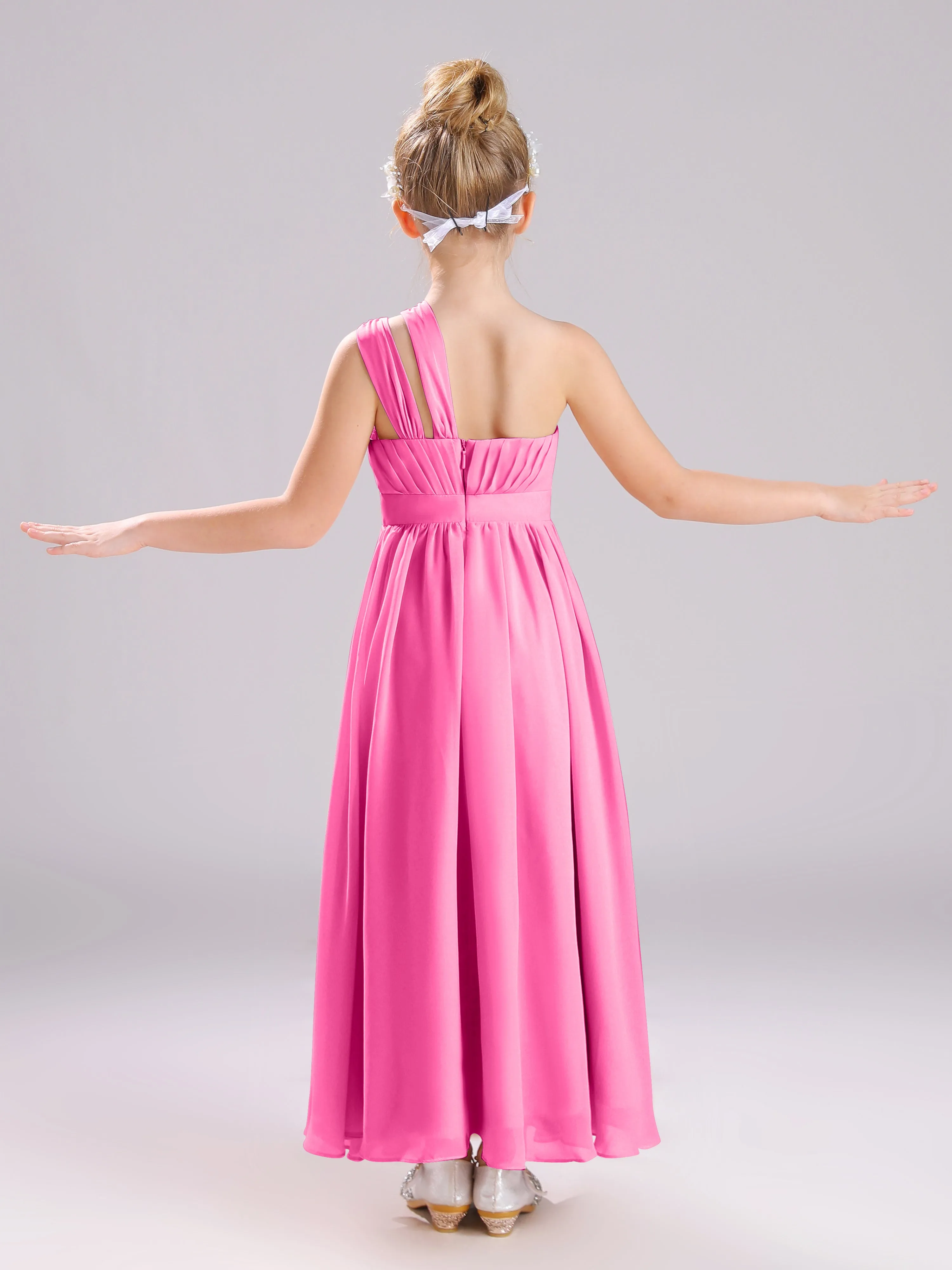 One Shoulder Pleats Long Chiffon Junior Bridesmaid Dresses