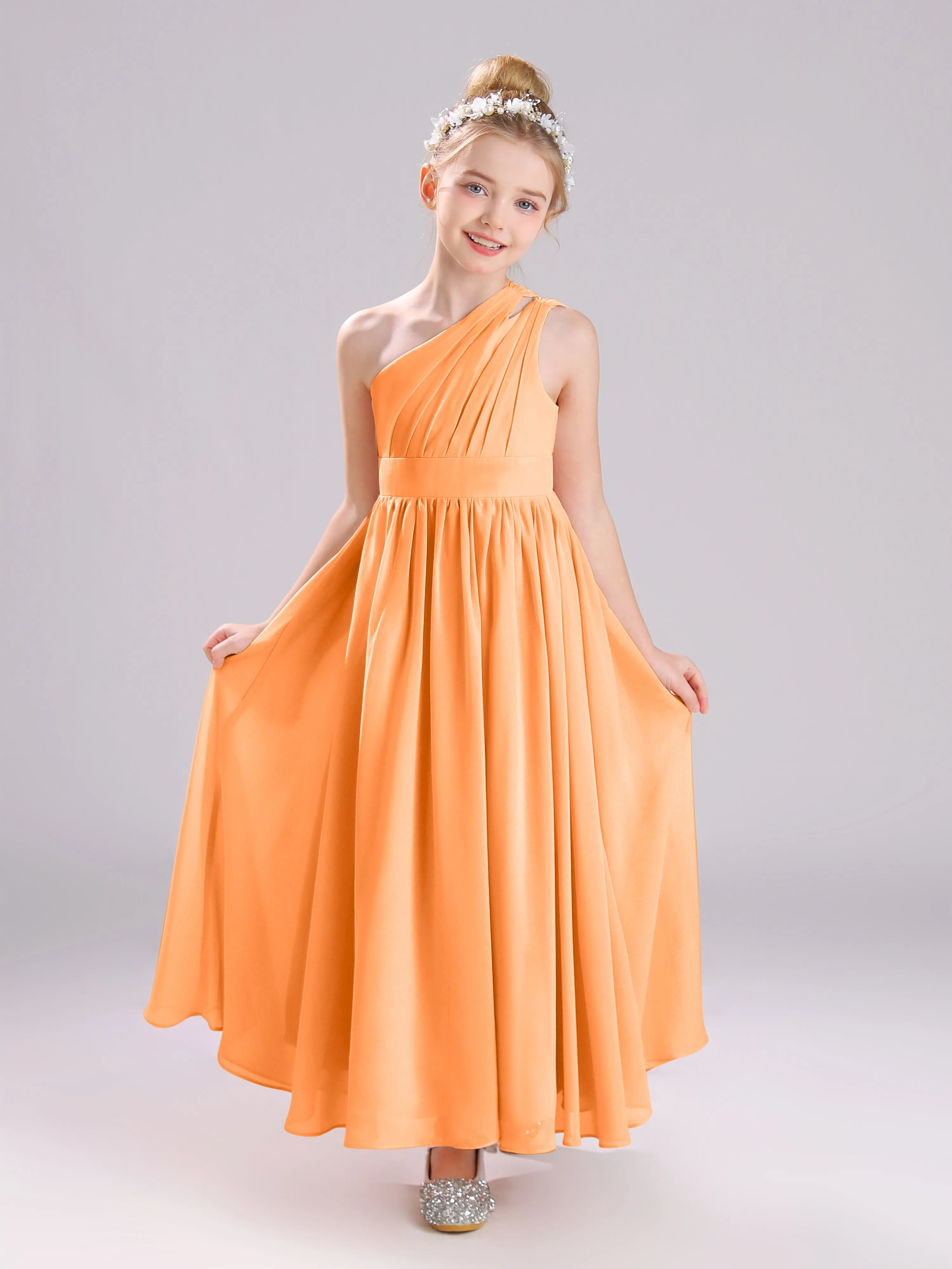 One Shoulder Pleats Long Chiffon Junior Bridesmaid Dresses