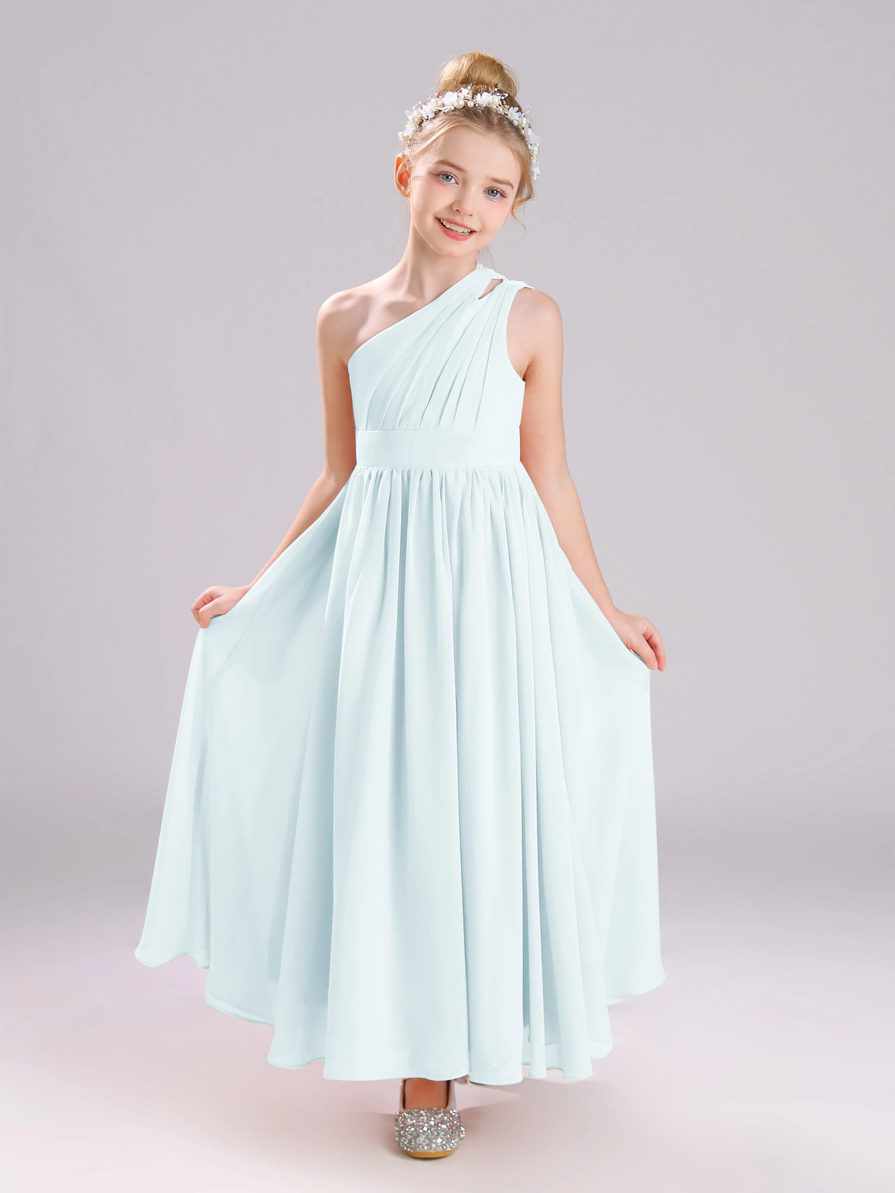 One Shoulder Pleats Long Chiffon Junior Bridesmaid Dresses