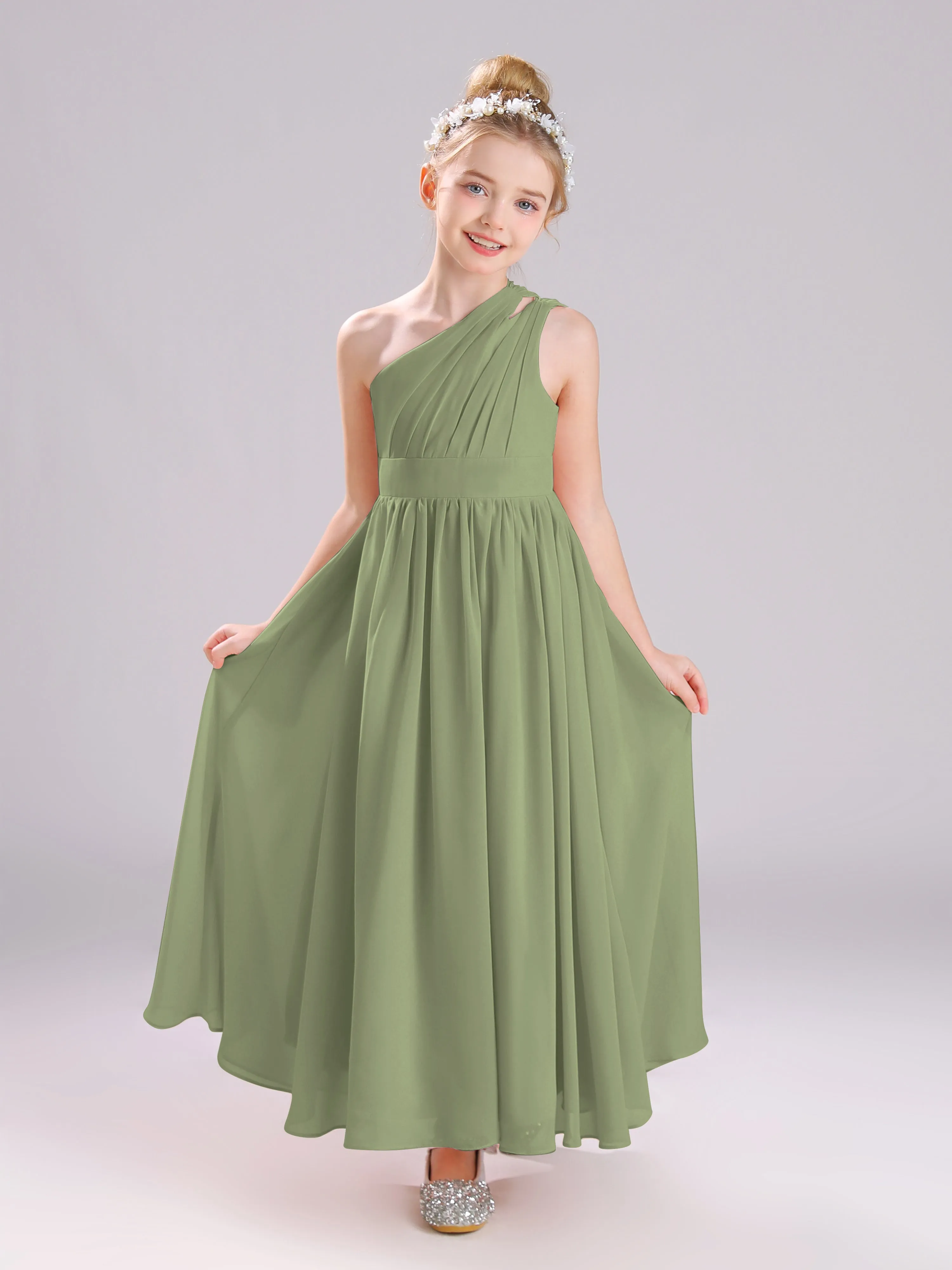 One Shoulder Pleats Long Chiffon Junior Bridesmaid Dresses