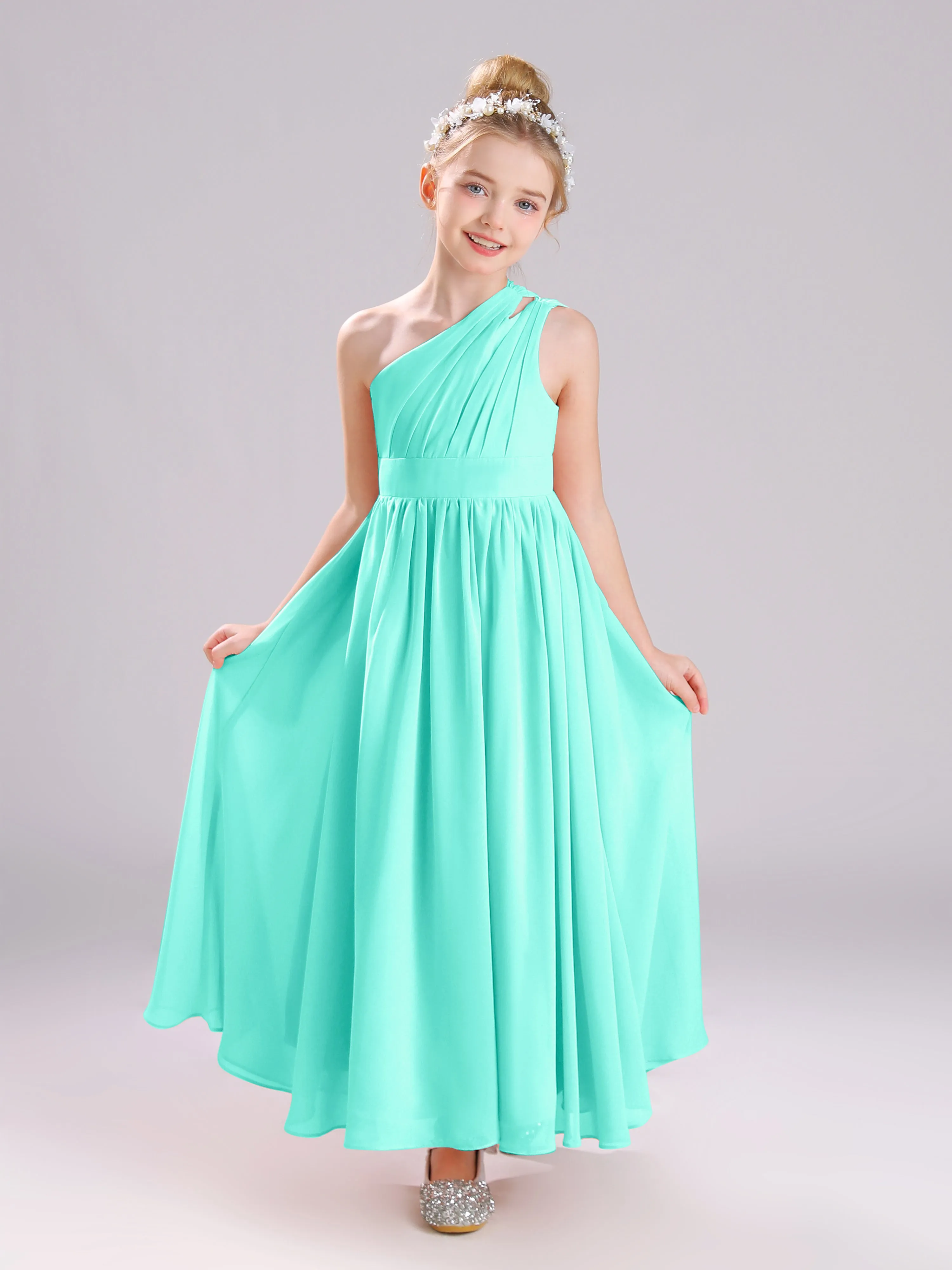 One Shoulder Pleats Long Chiffon Junior Bridesmaid Dresses