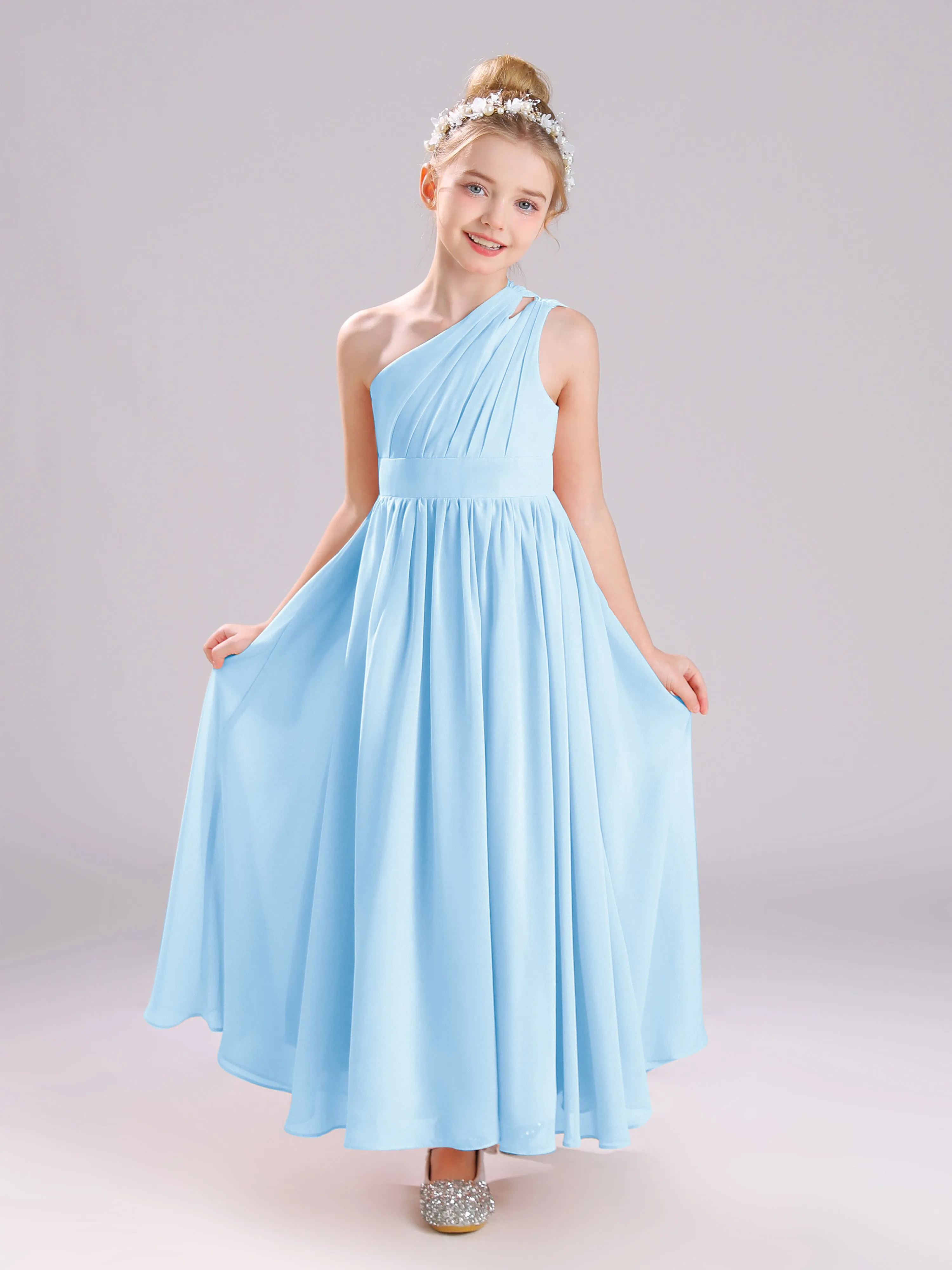 One Shoulder Pleats Long Chiffon Junior Bridesmaid Dresses