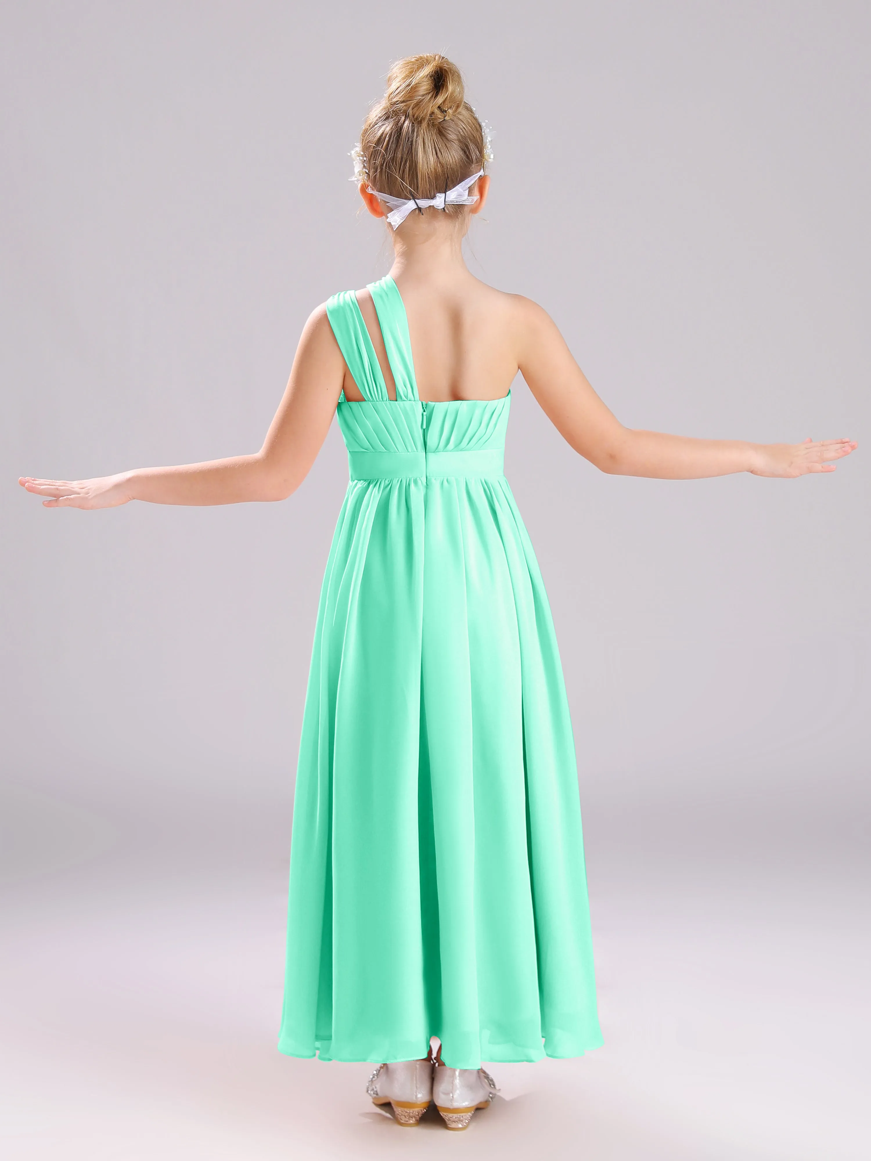 One Shoulder Pleats Long Chiffon Junior Bridesmaid Dresses