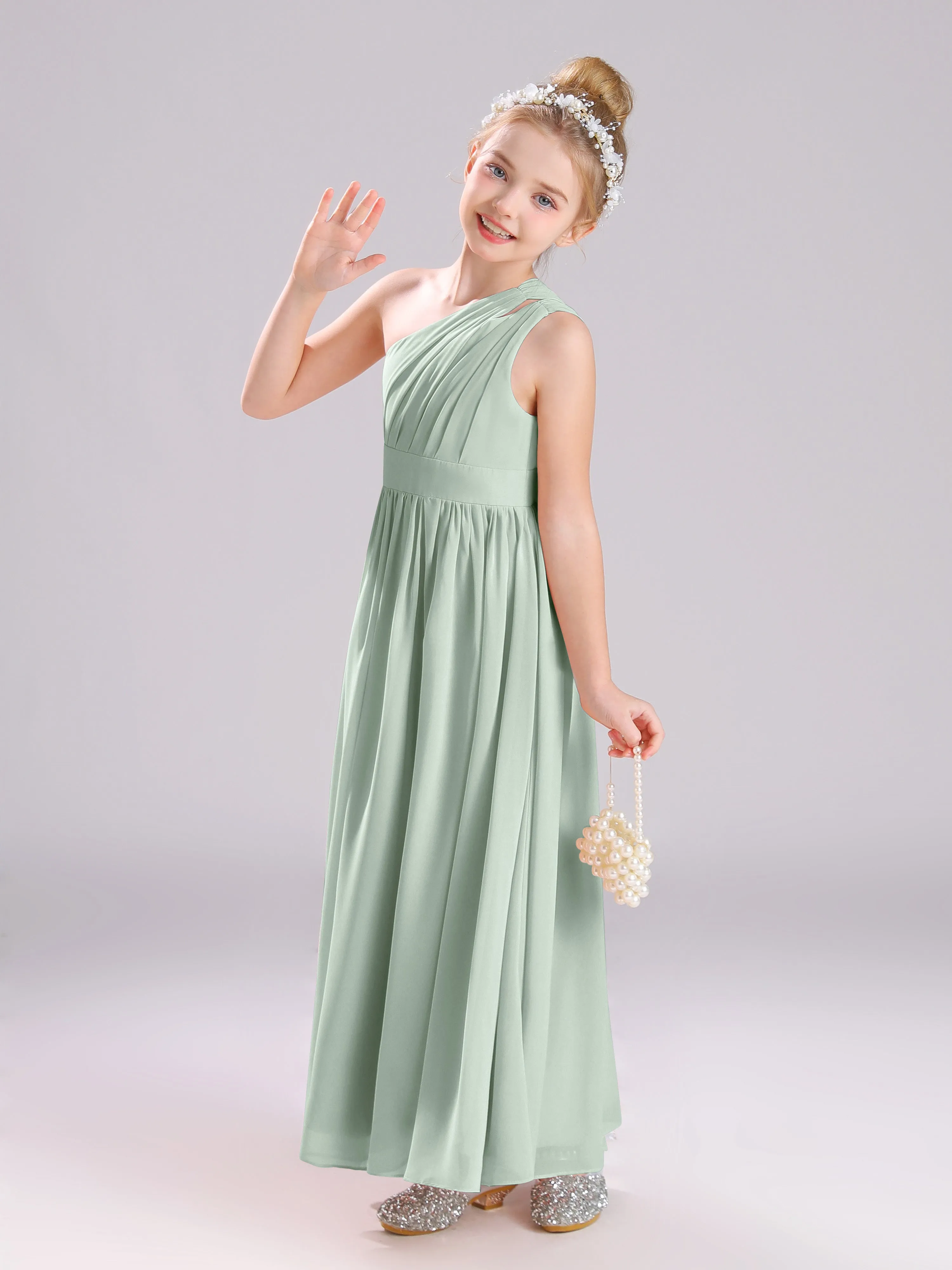 One Shoulder Pleats Long Chiffon Junior Bridesmaid Dresses