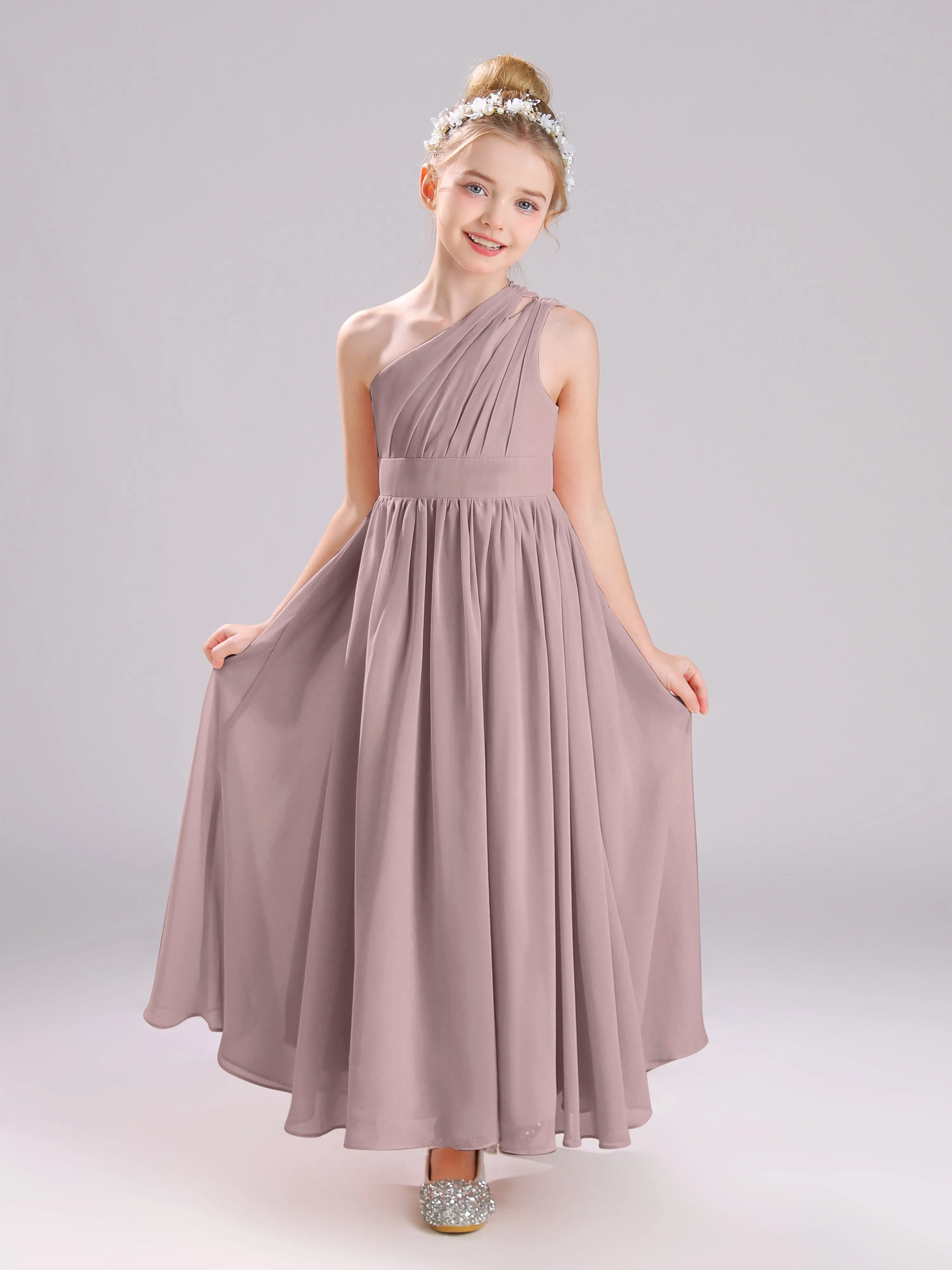 One Shoulder Pleats Long Chiffon Junior Bridesmaid Dresses