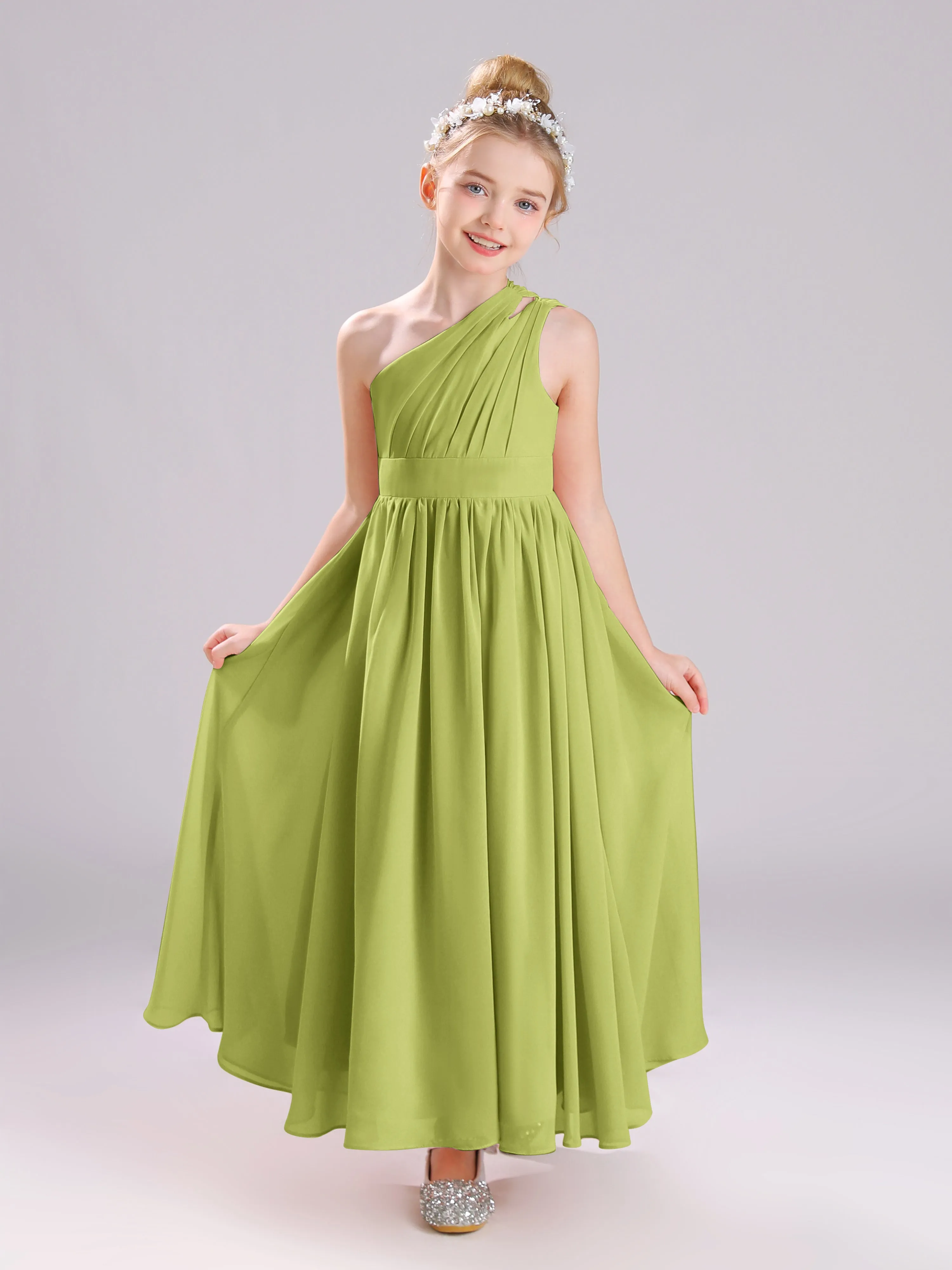 One Shoulder Pleats Long Chiffon Junior Bridesmaid Dresses