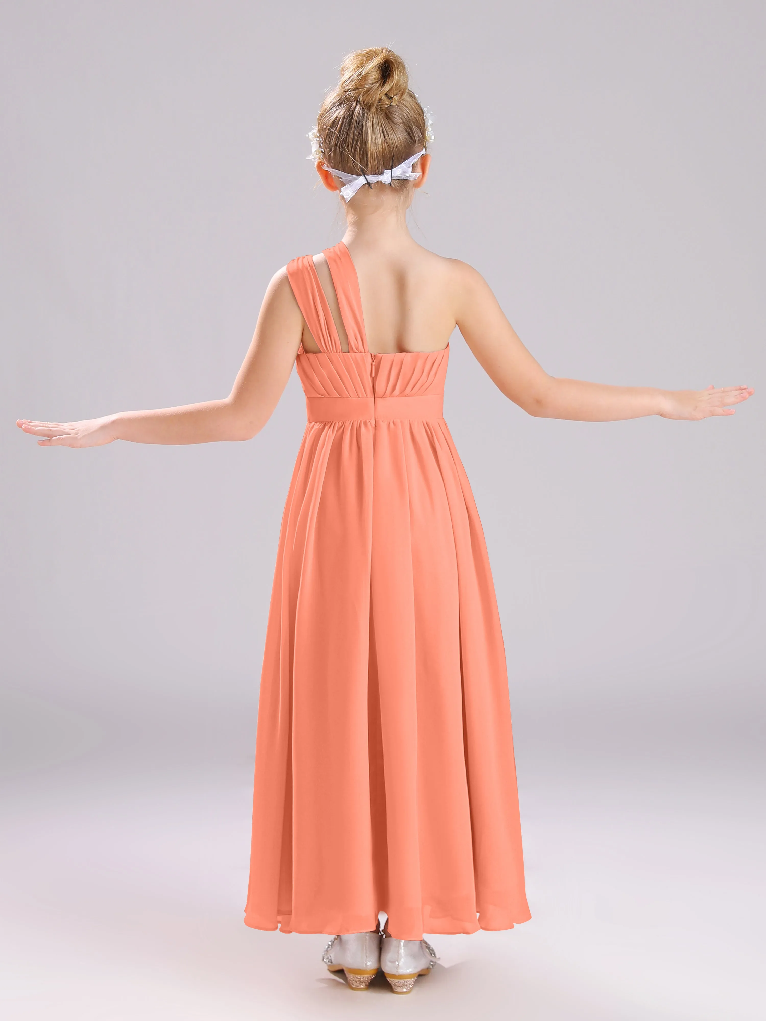 One Shoulder Pleats Long Chiffon Junior Bridesmaid Dresses