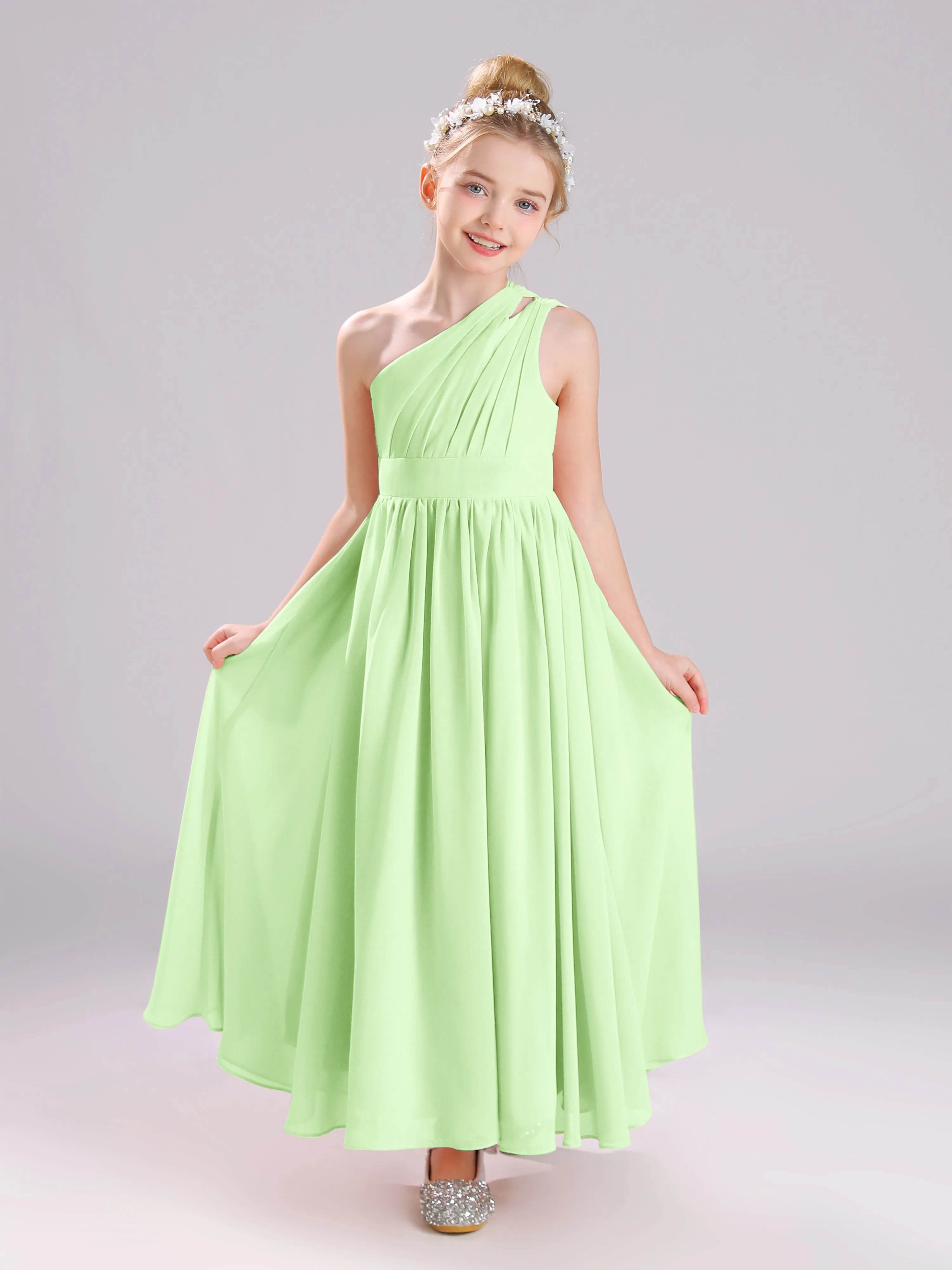 One Shoulder Pleats Long Chiffon Junior Bridesmaid Dresses