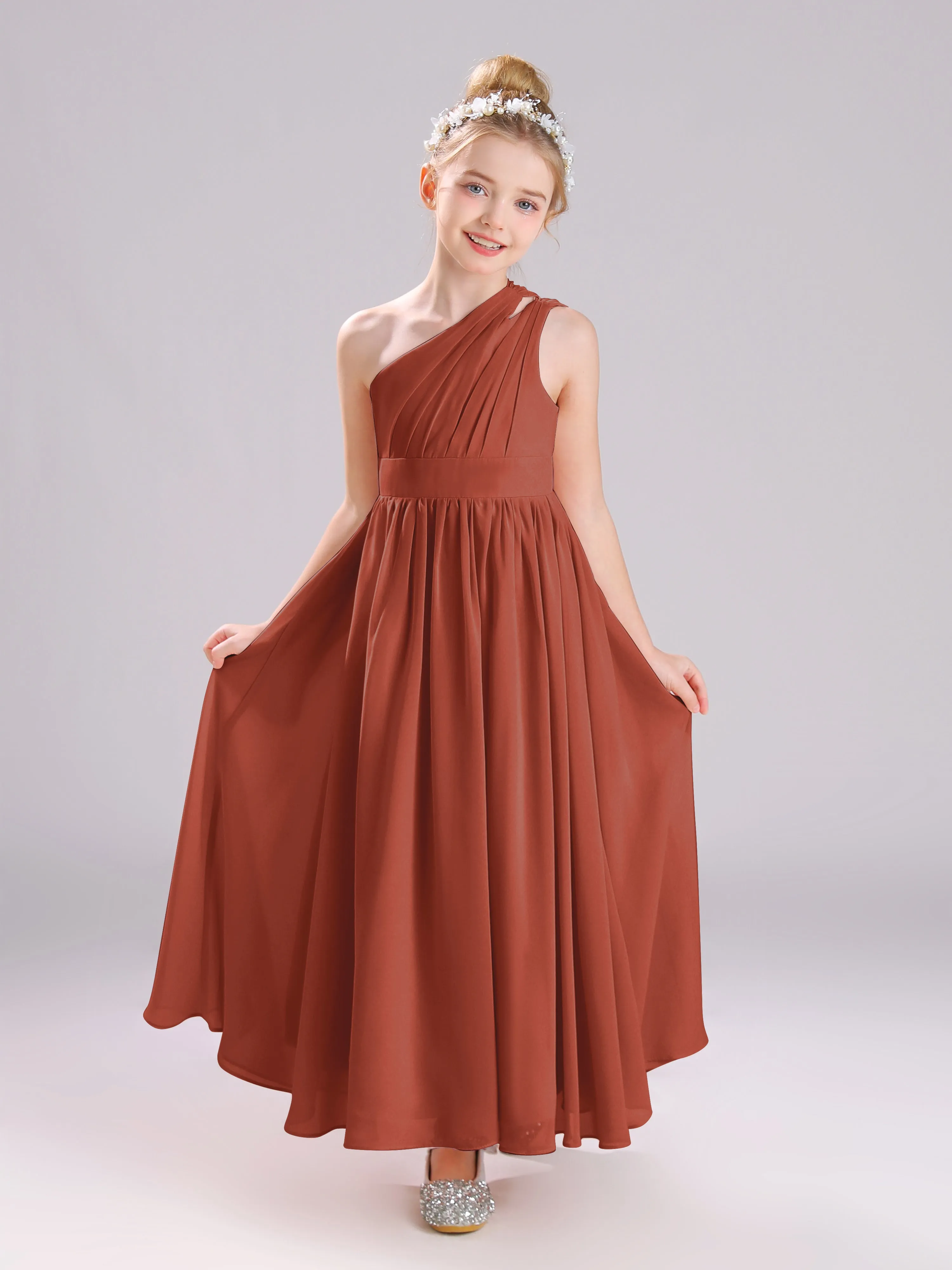 One Shoulder Pleats Long Chiffon Junior Bridesmaid Dresses