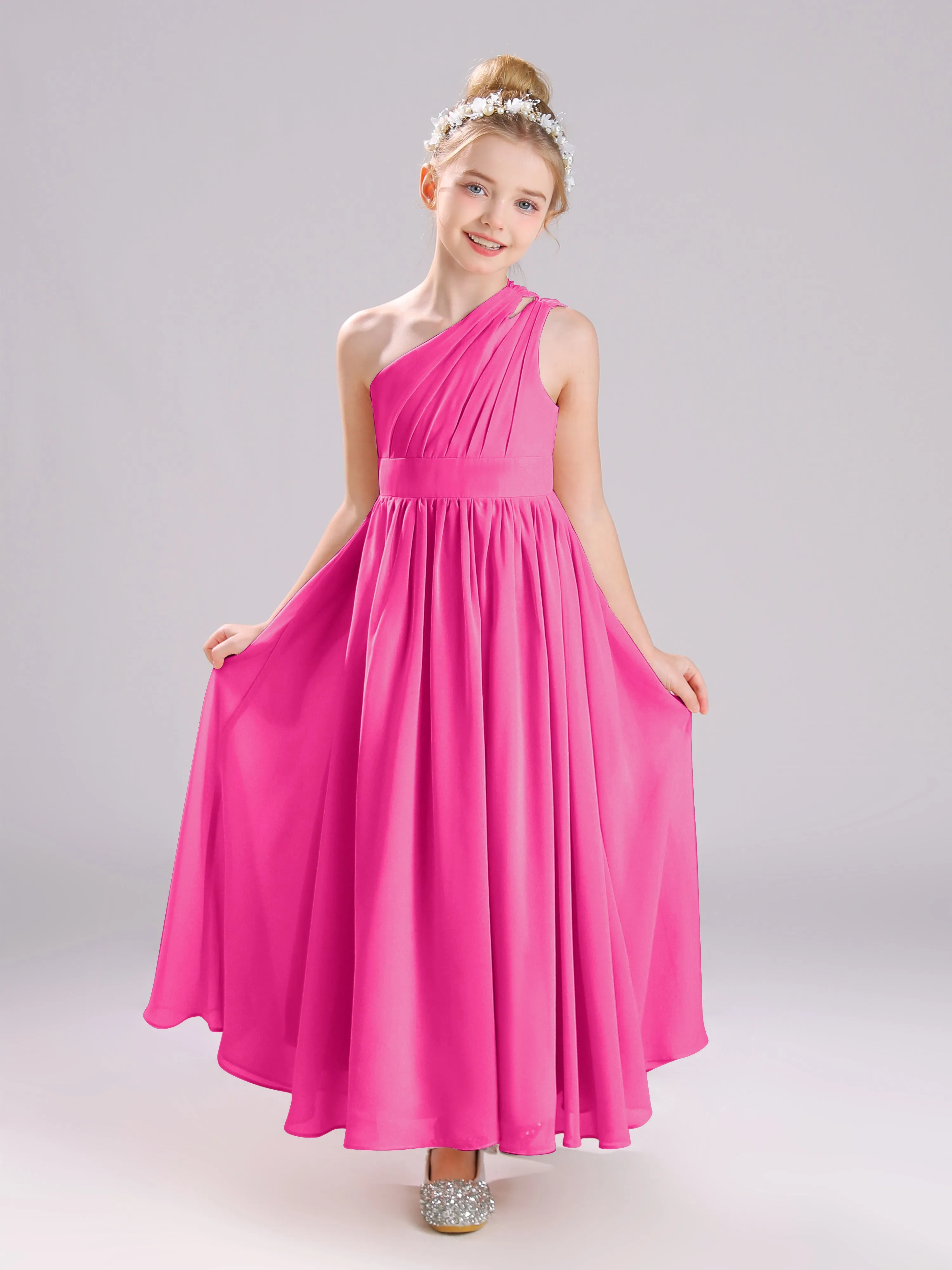 One Shoulder Pleats Long Chiffon Junior Bridesmaid Dresses